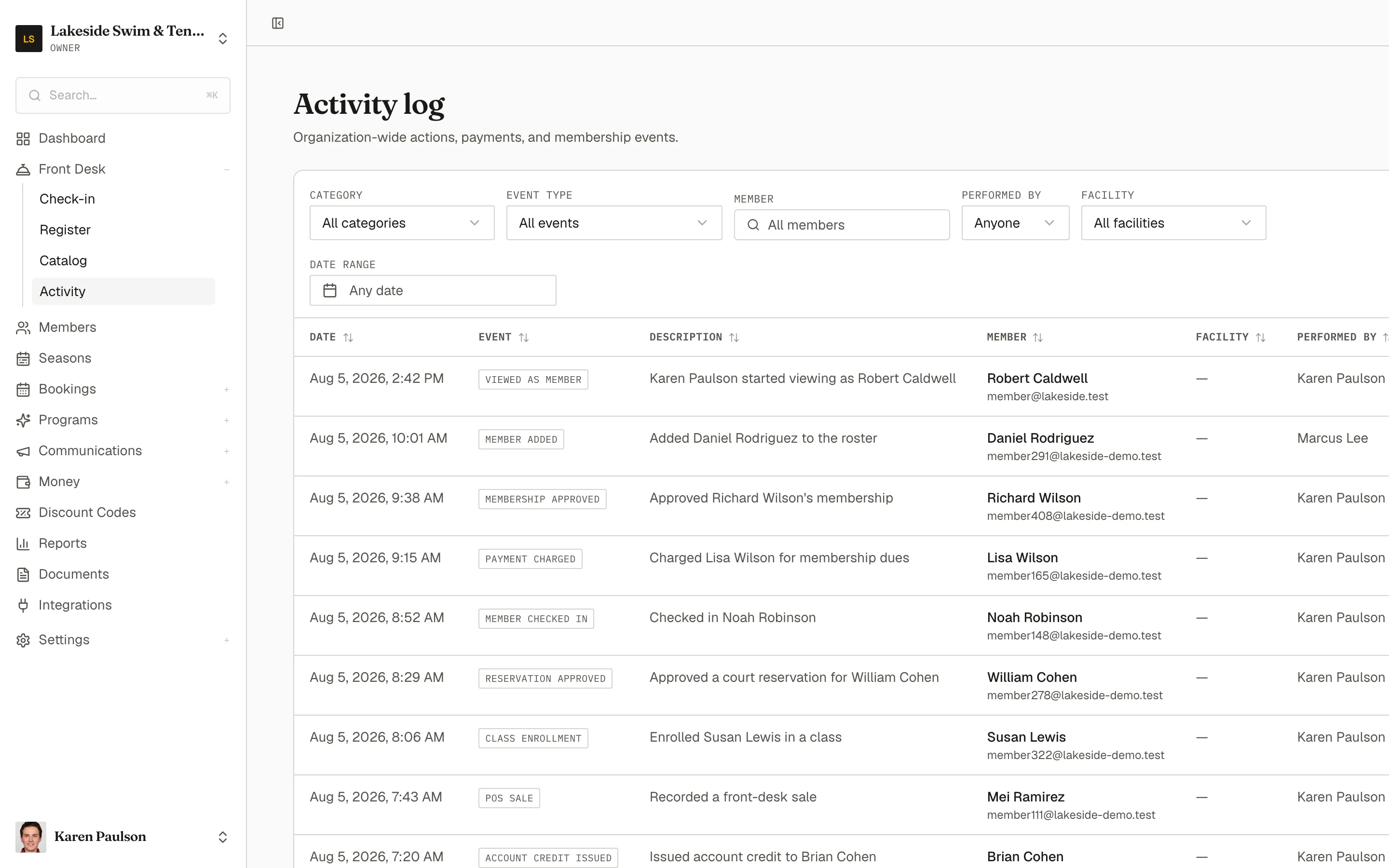 The activity feed with its filter bar and rows showing events, members, facilities, and who performed each action