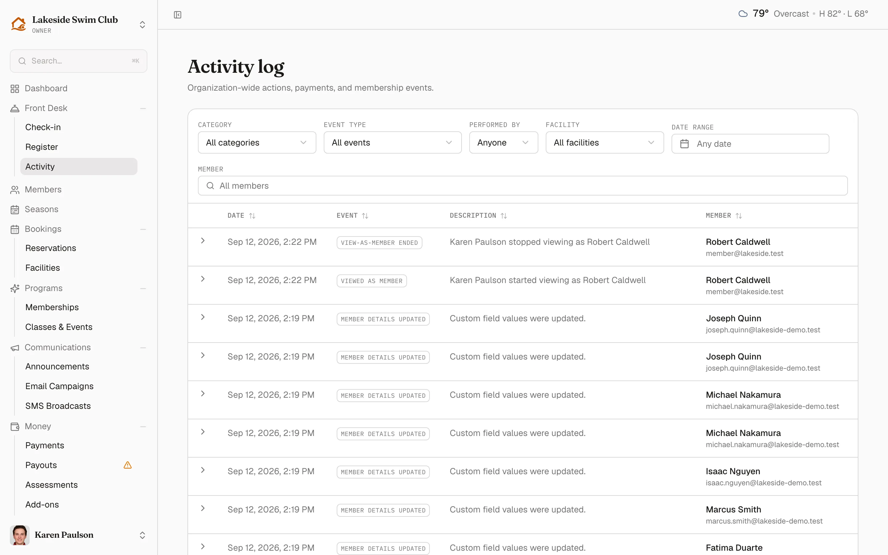 The activity log with its row of filters above the always-visible Member search, and dated event rows each with an expand arrow