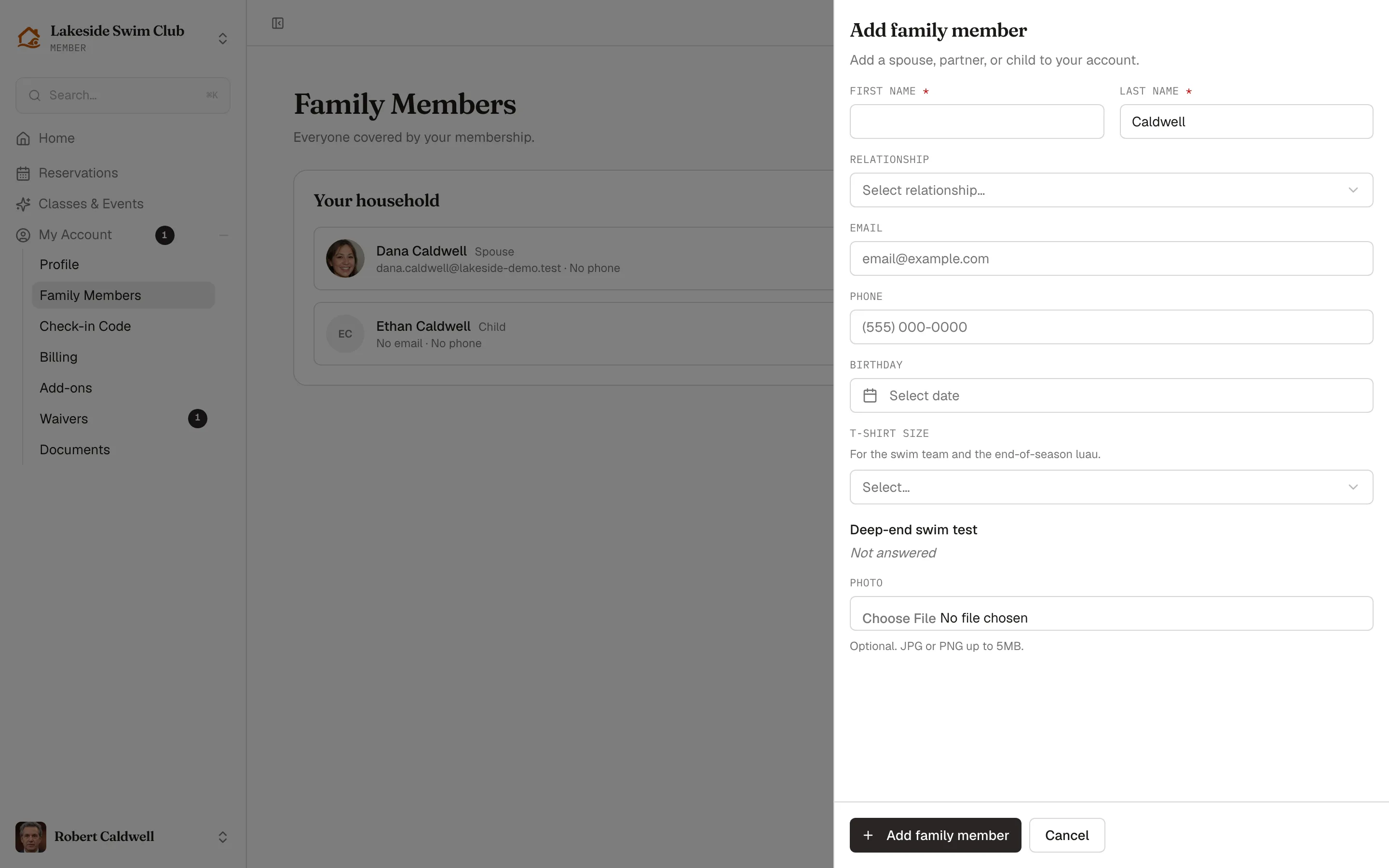 The Add family member drawer with first and last name, relationship, email, phone, birthday, a t-shirt size question, and a photo picker