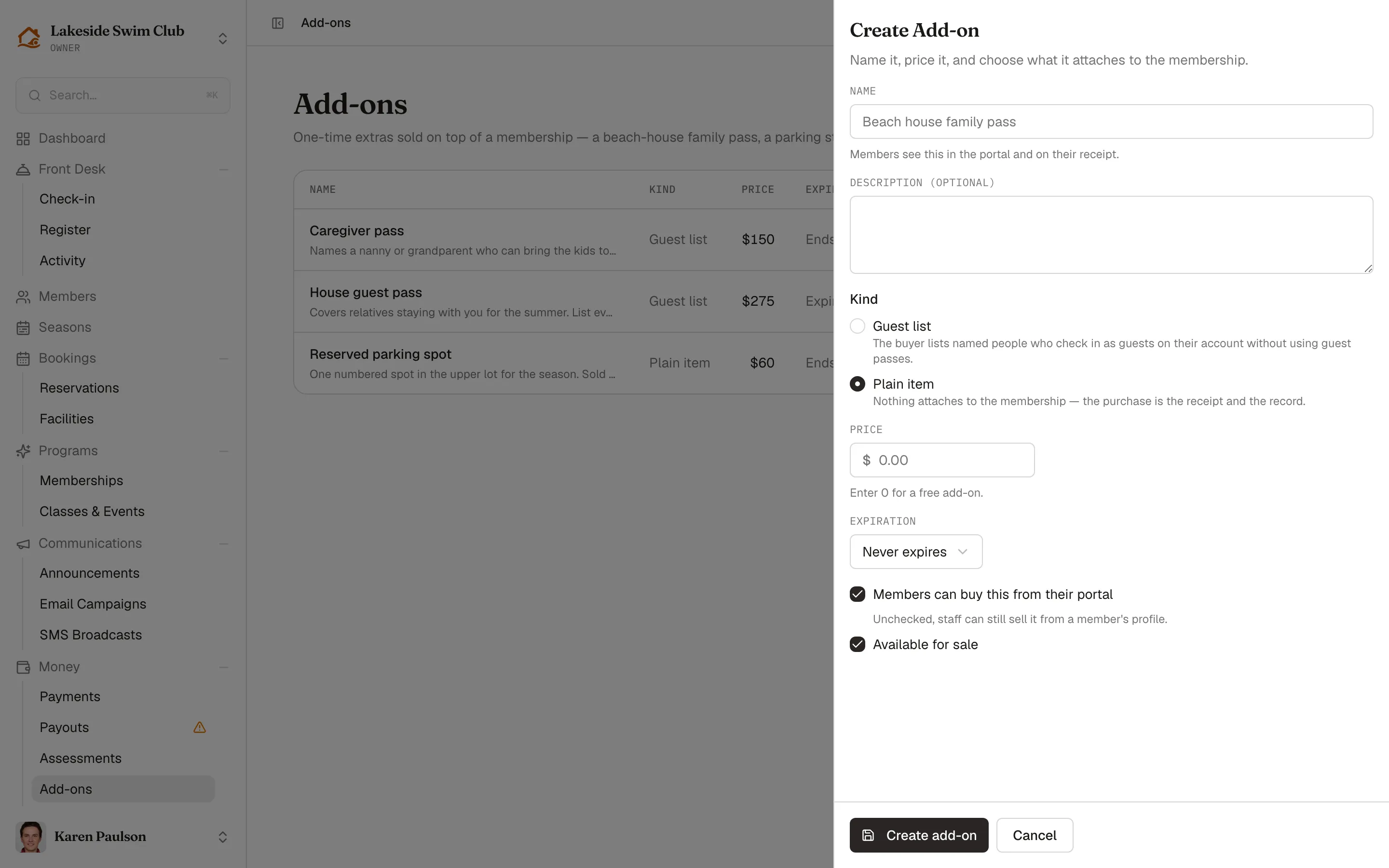 The add-on drawer with name, description, kind, price, expiration, and cap