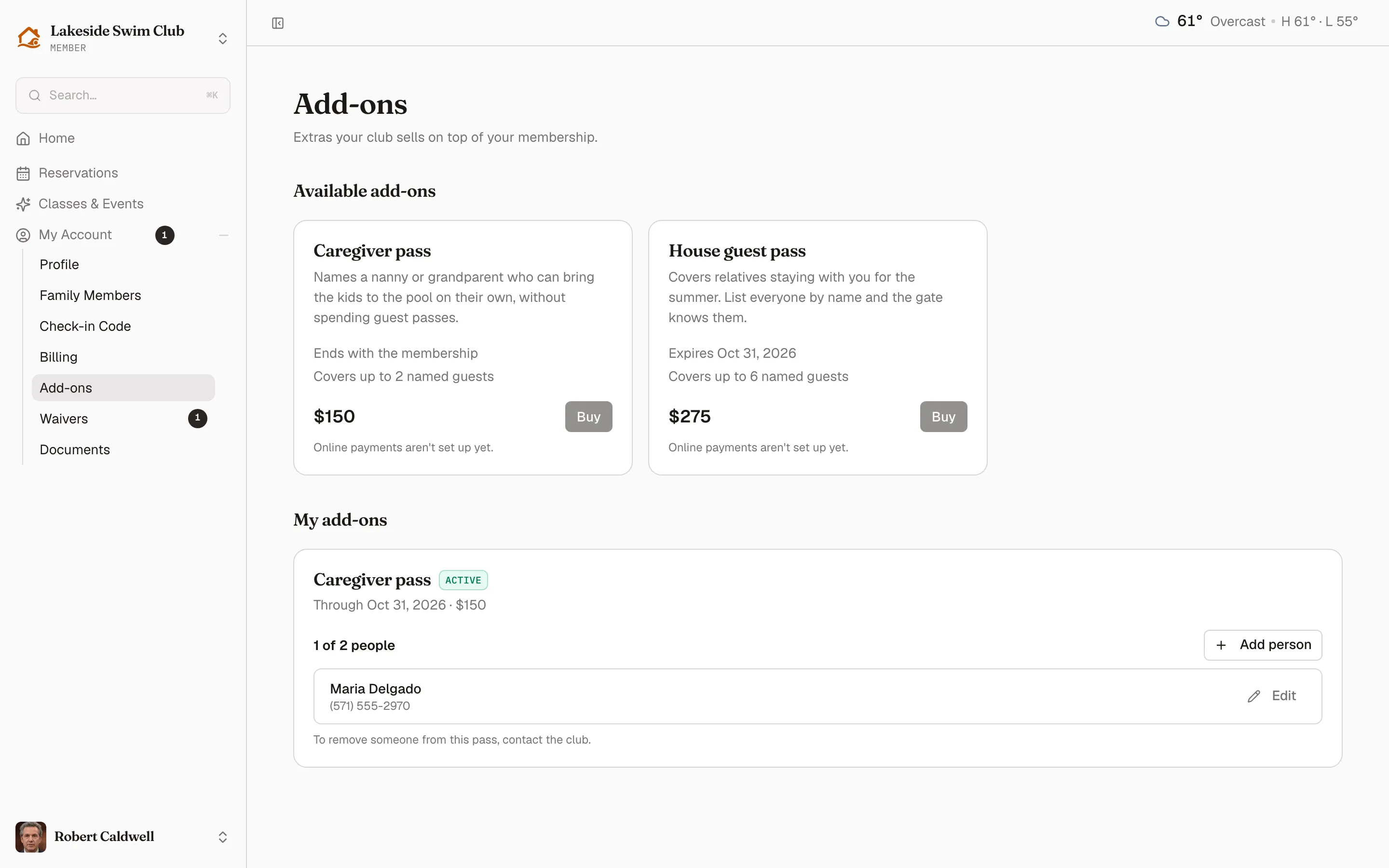 The member add-ons page: available add-ons with prices and coverage, and a held caregiver pass listing its named people