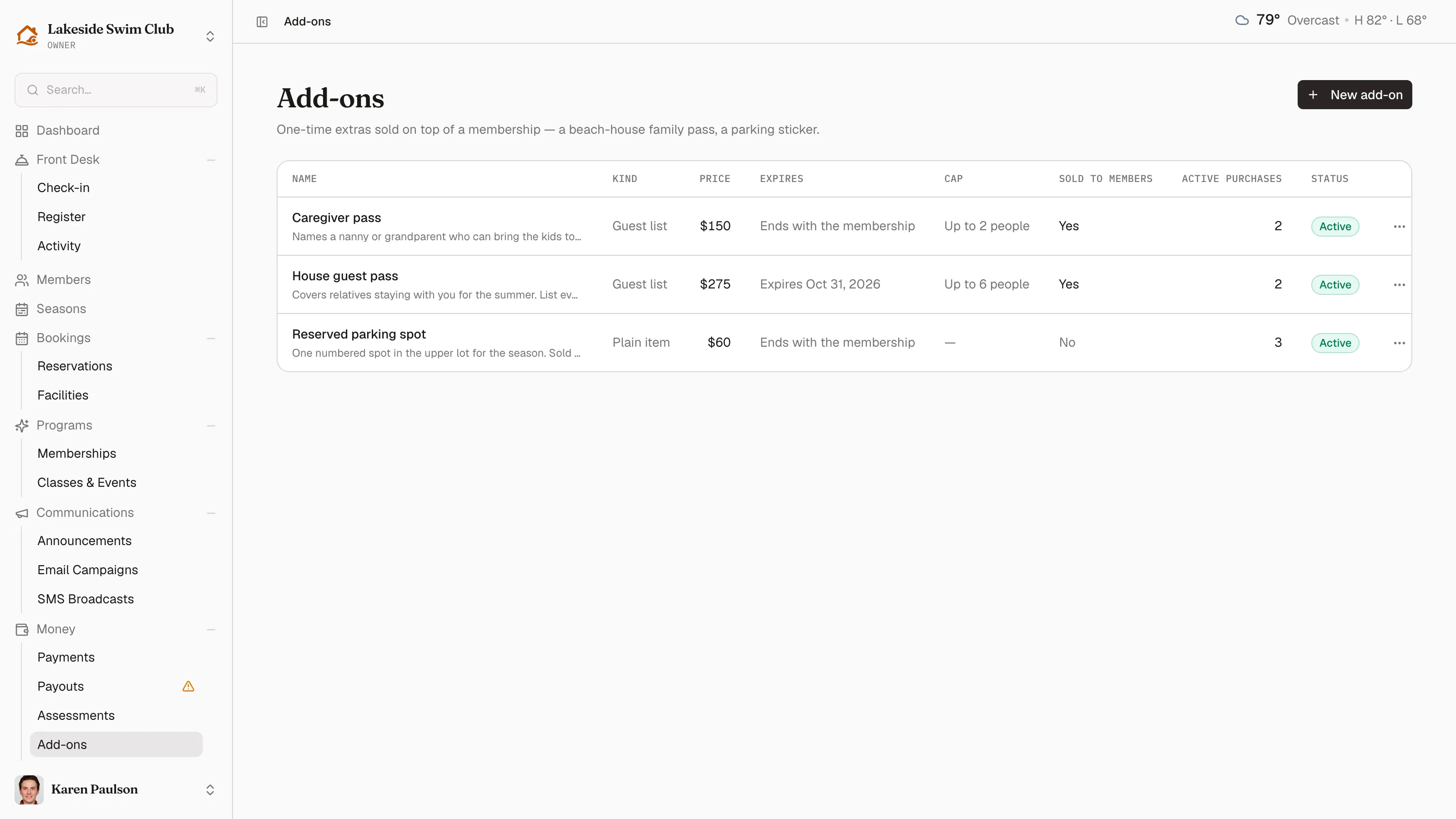 The Add-ons catalog listing a caregiver pass, a house guest pass, and a reserved parking spot with their kinds, prices, active purchase counts, and Active status chips