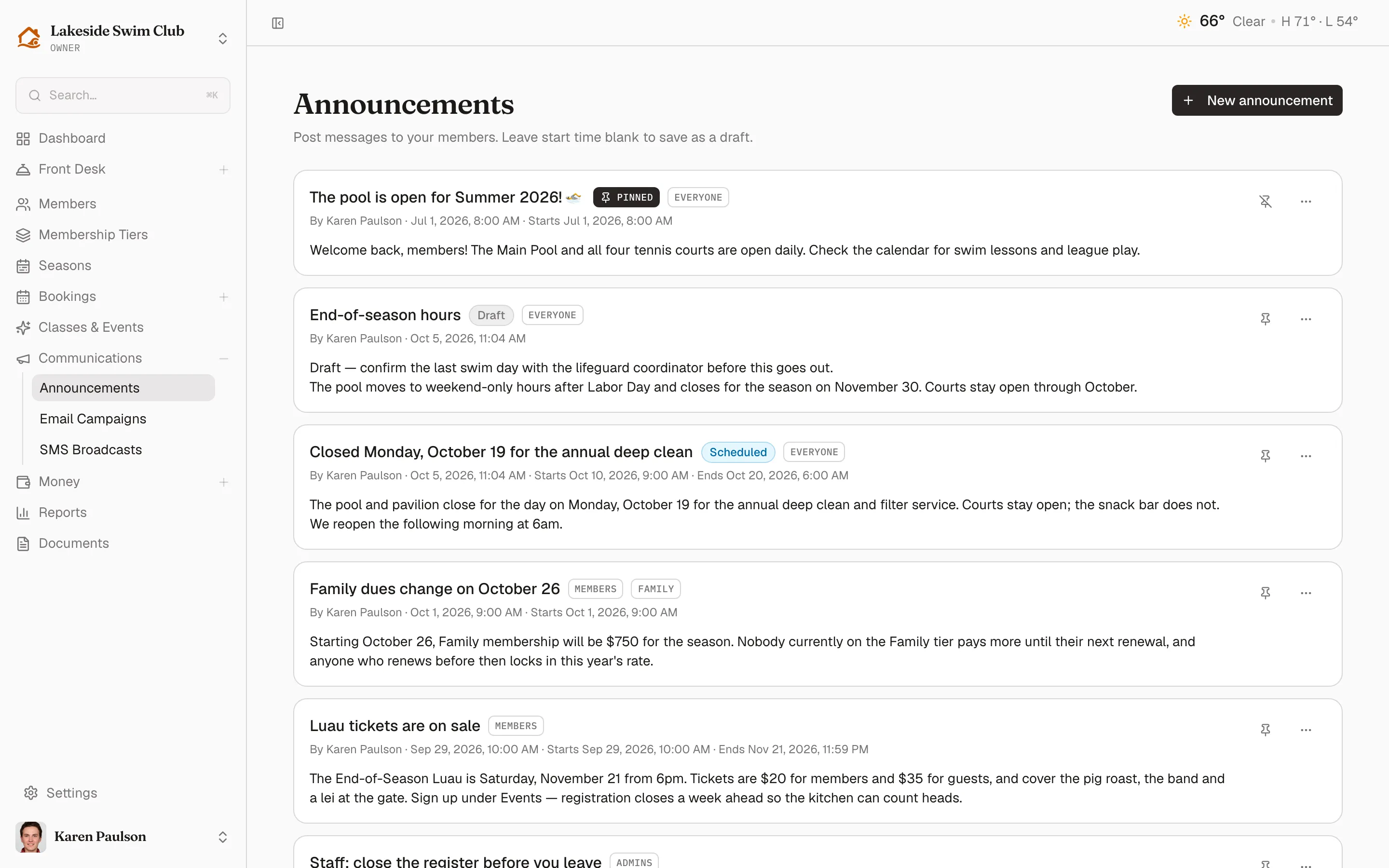 The Announcements list with a pinned pool-opening post and two more announcements targeted at everyone