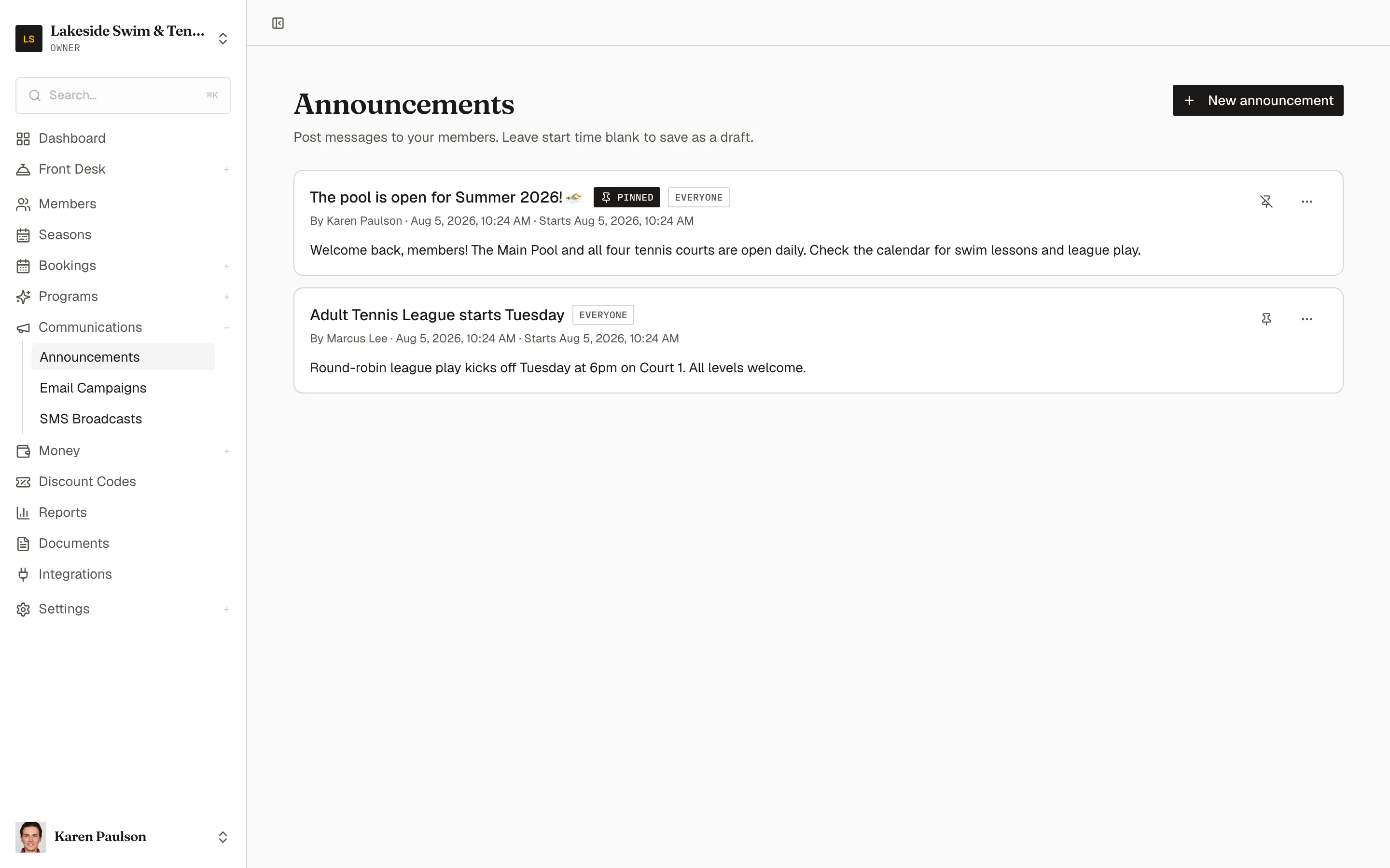 The Announcements list with a pinned pool-opening post and two more announcements targeted at everyone