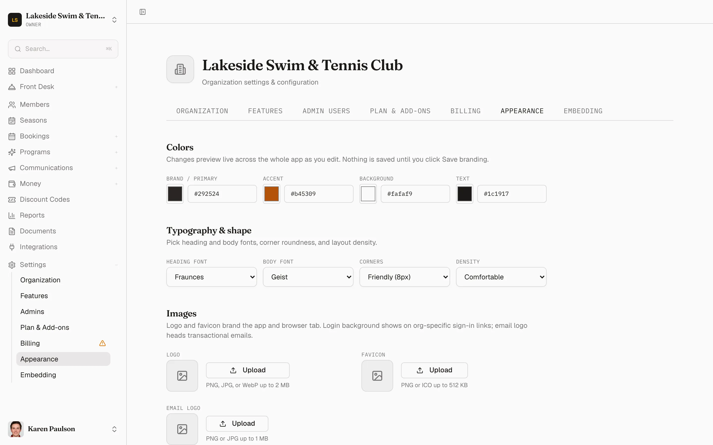 The Appearance tab with color pickers, font choices, shape and density options, and image uploads