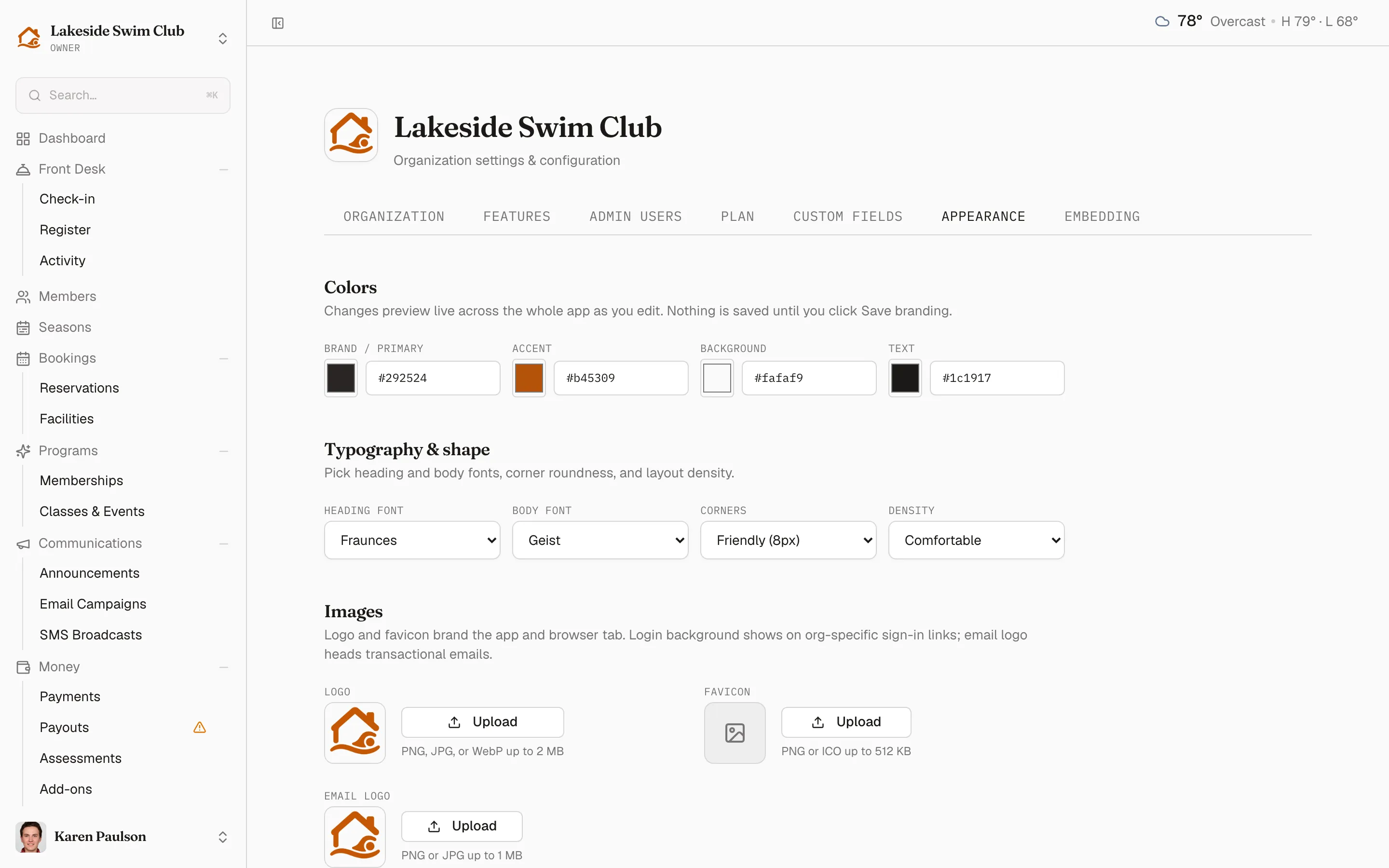 The Appearance tab with color pickers, font choices, shape and density options, and image uploads