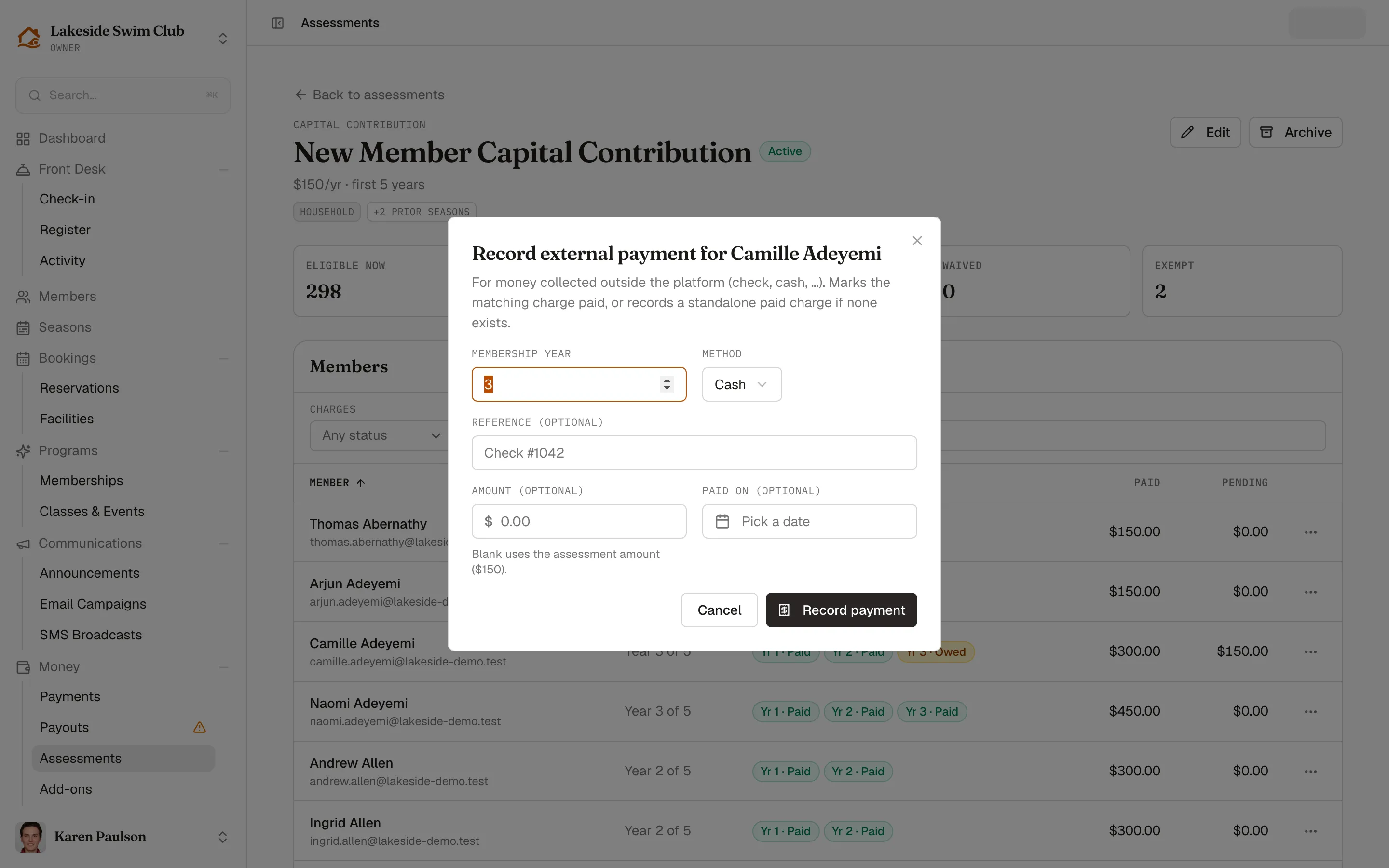 The Record external payment dialog with membership year, method, reference, amount, and paid-on fields