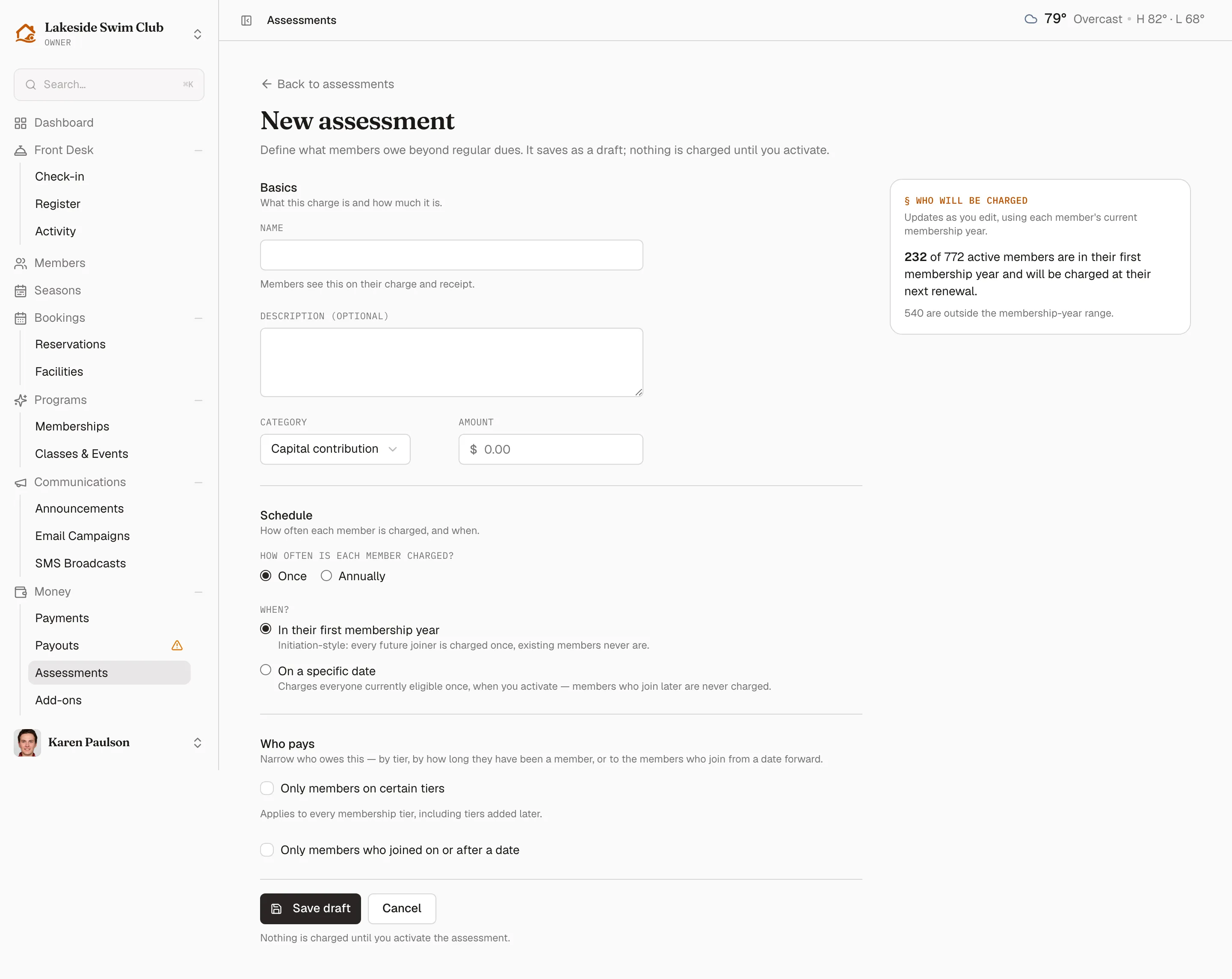 The New assessment form with the Basics, Schedule, and Who pays sections, and the live “who will be charged” panel on the right