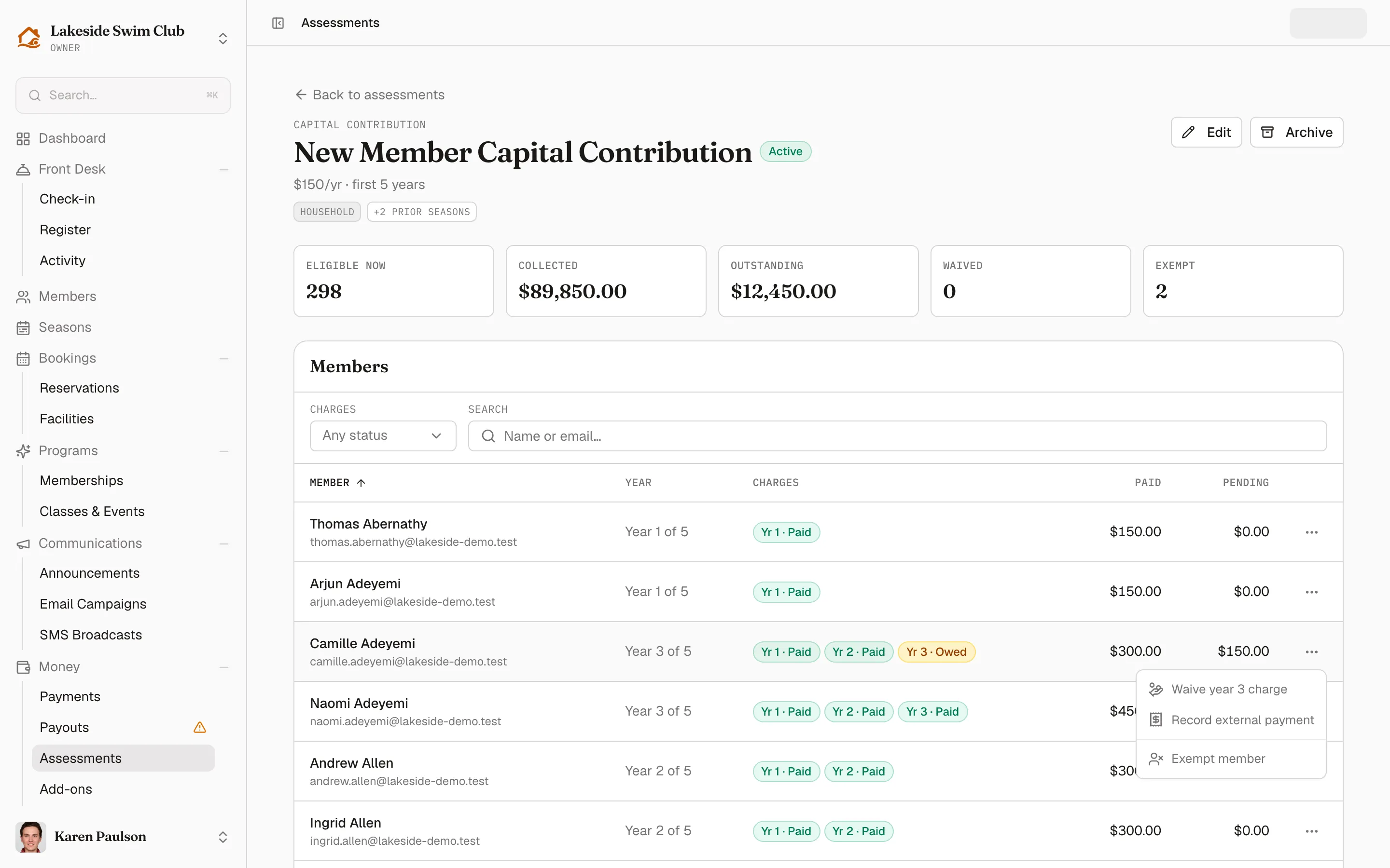 The member row menu with Waive year 2 charge, Record external payment, and Exempt member