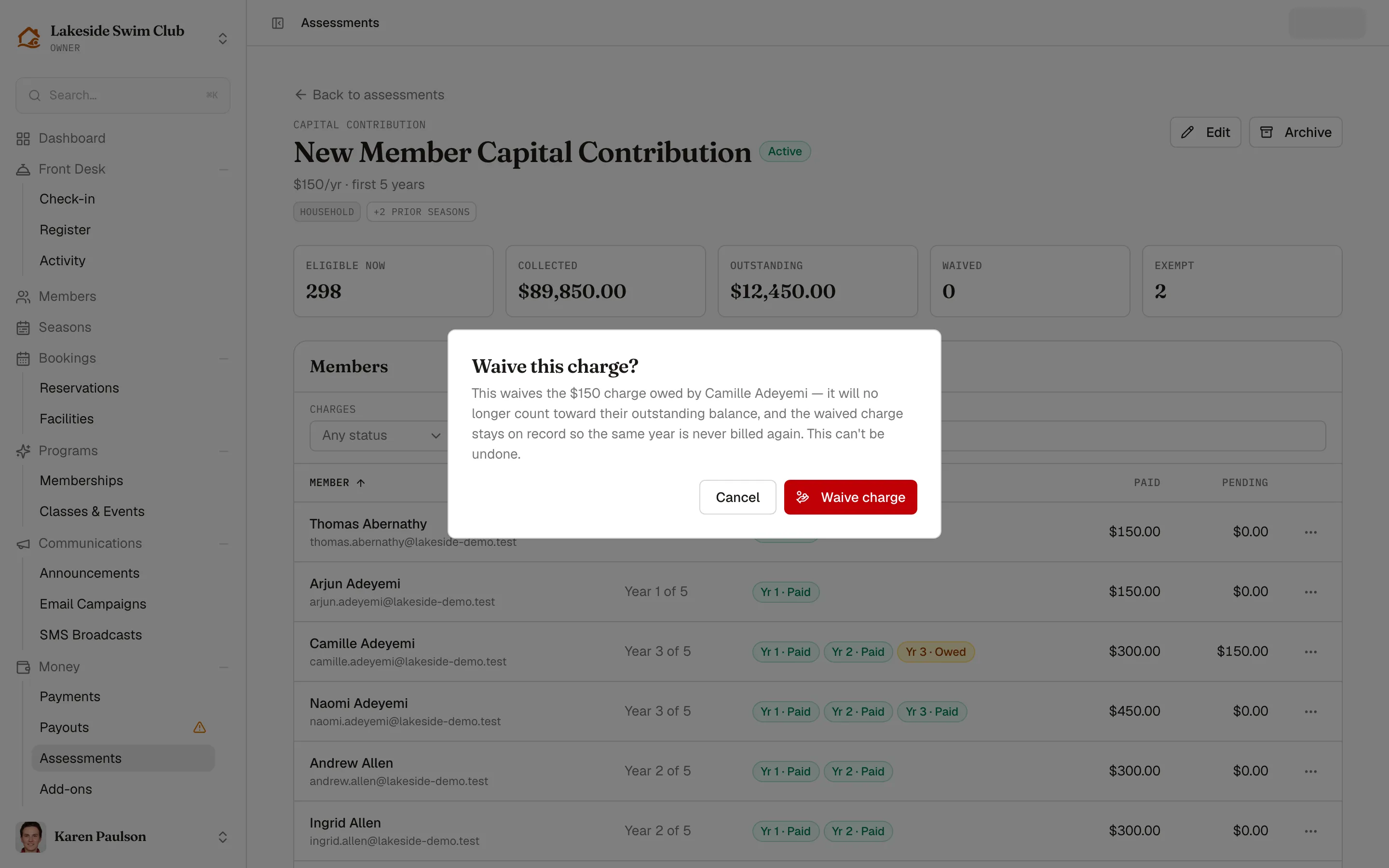 The waive confirmation dialog for a member’s year 2 capital contribution charge