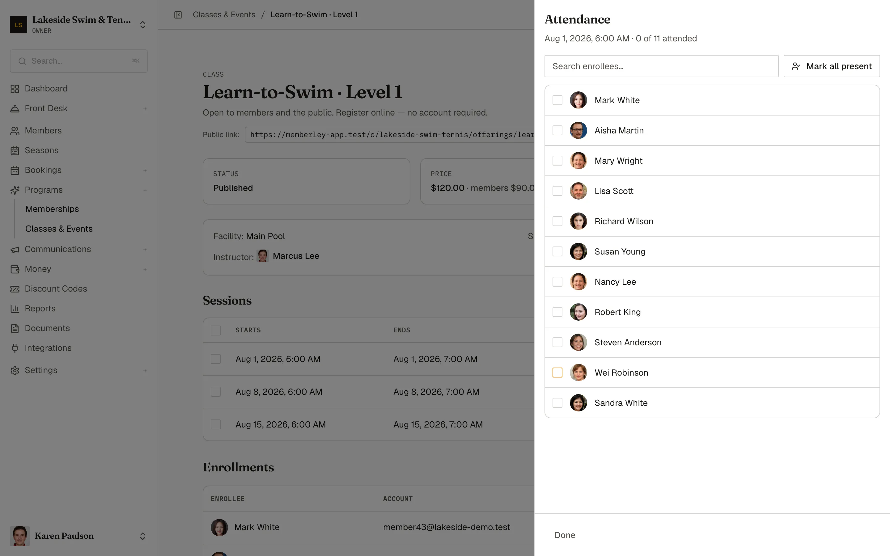 The attendance sheet for a Learn-to-Swim session with per-enrollee checkboxes and the Mark all present button
