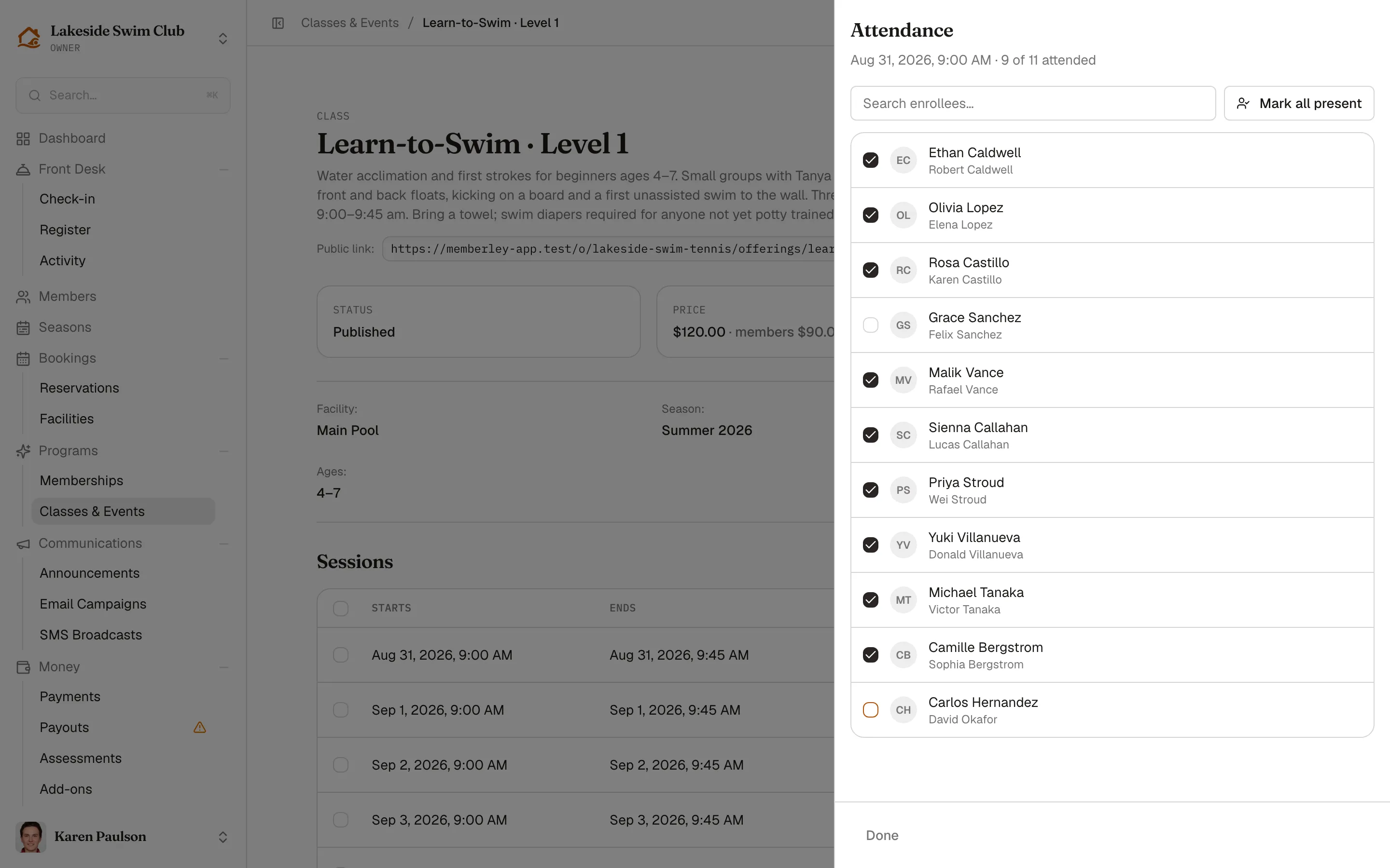 The attendance sheet for a Learn-to-Swim session with per-enrollee checkboxes and the Mark all present button