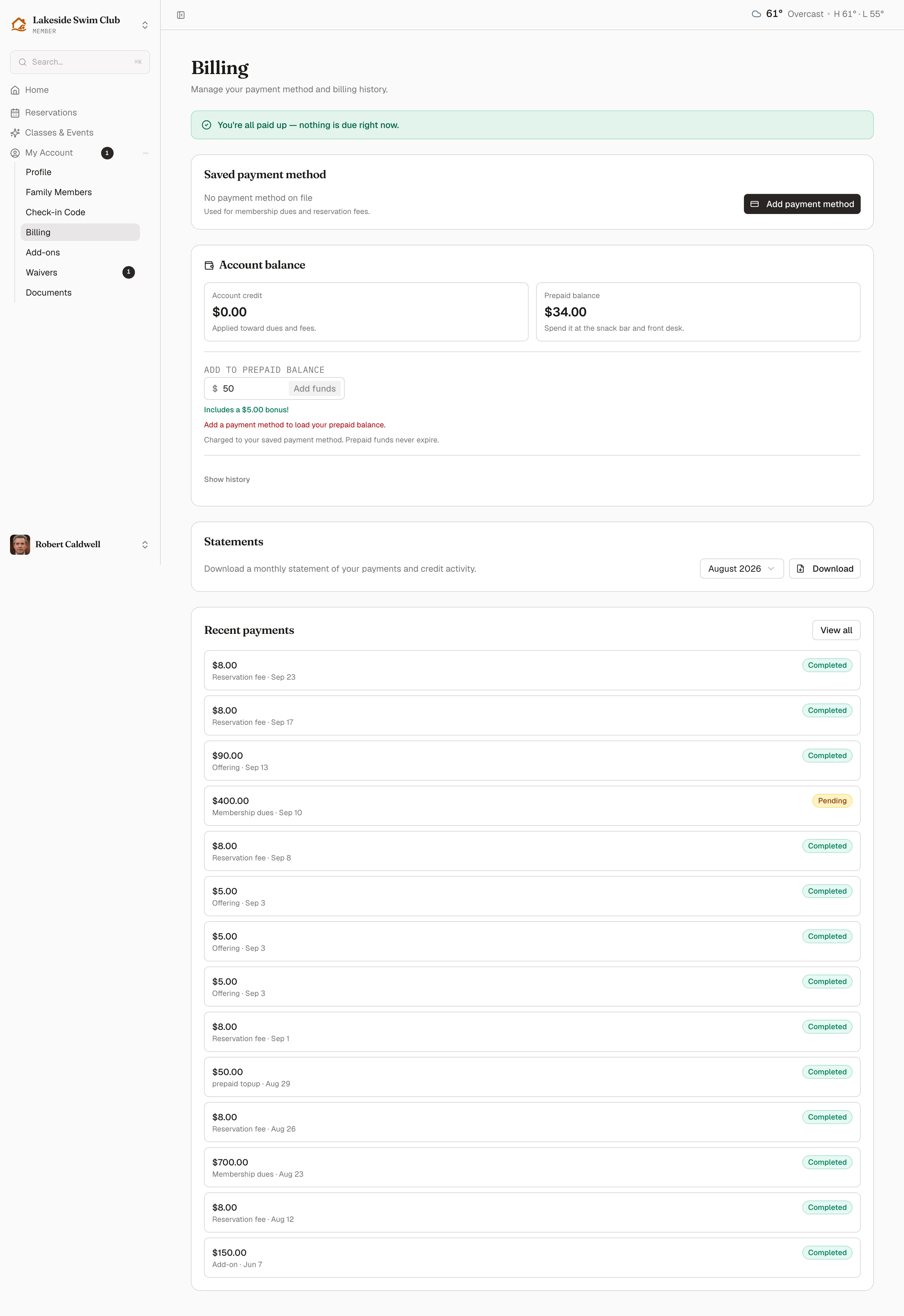 The member billing page: an all-paid-up banner, saved payment method, account balance, statements, and recent payments