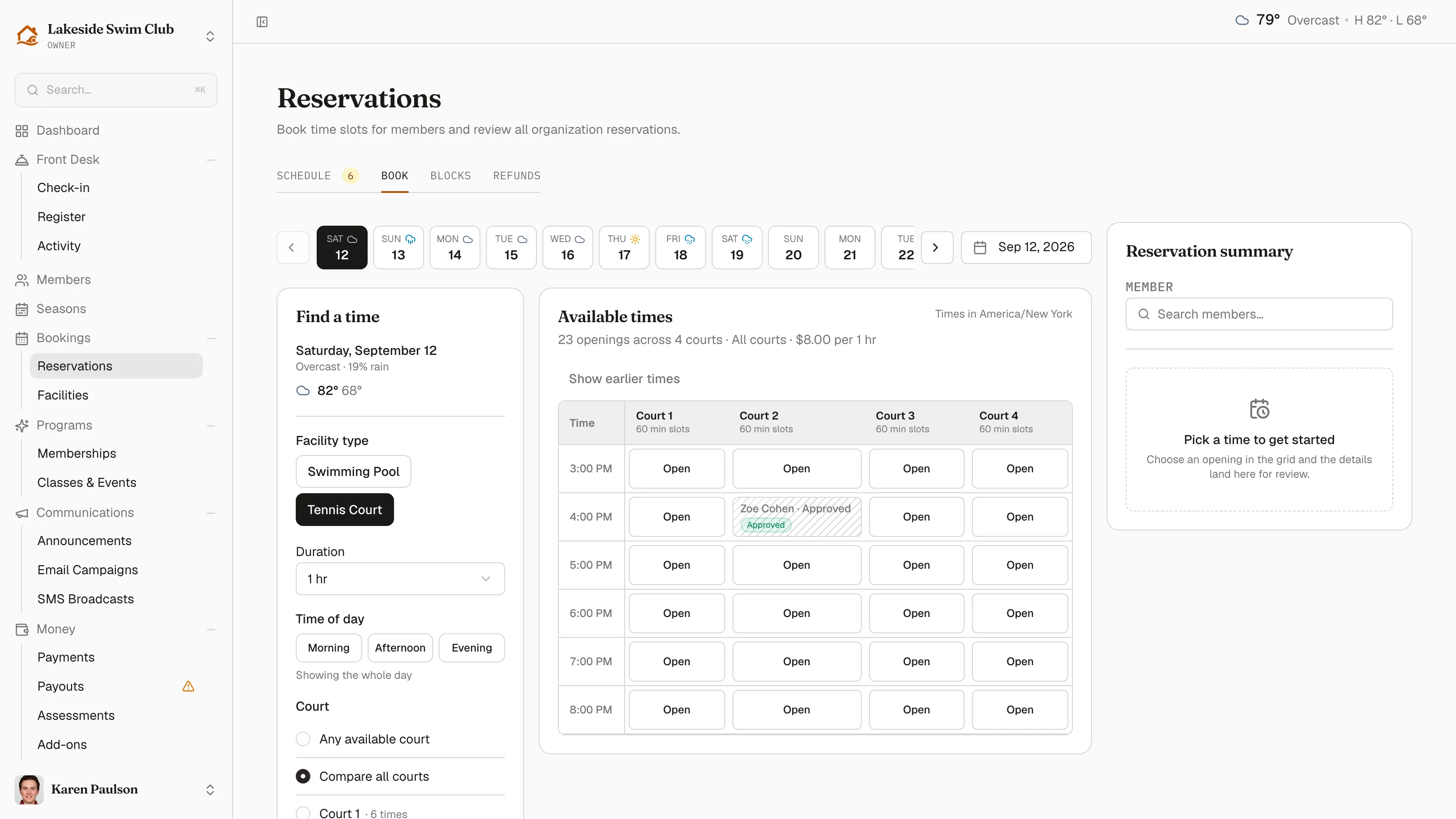 The Book tab with the Find a time filters, the four-court availability grid, and the reservation summary