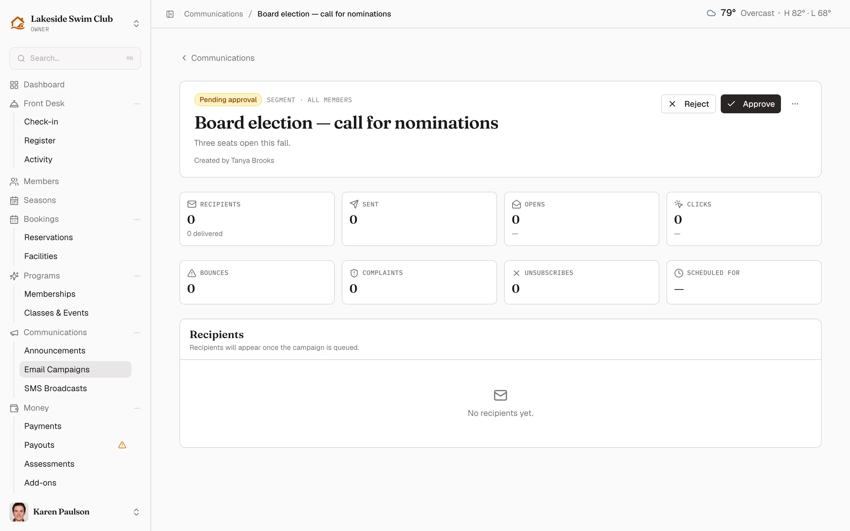 A sent campaign’s report page with headline stats, health stats, and the per-recipient table