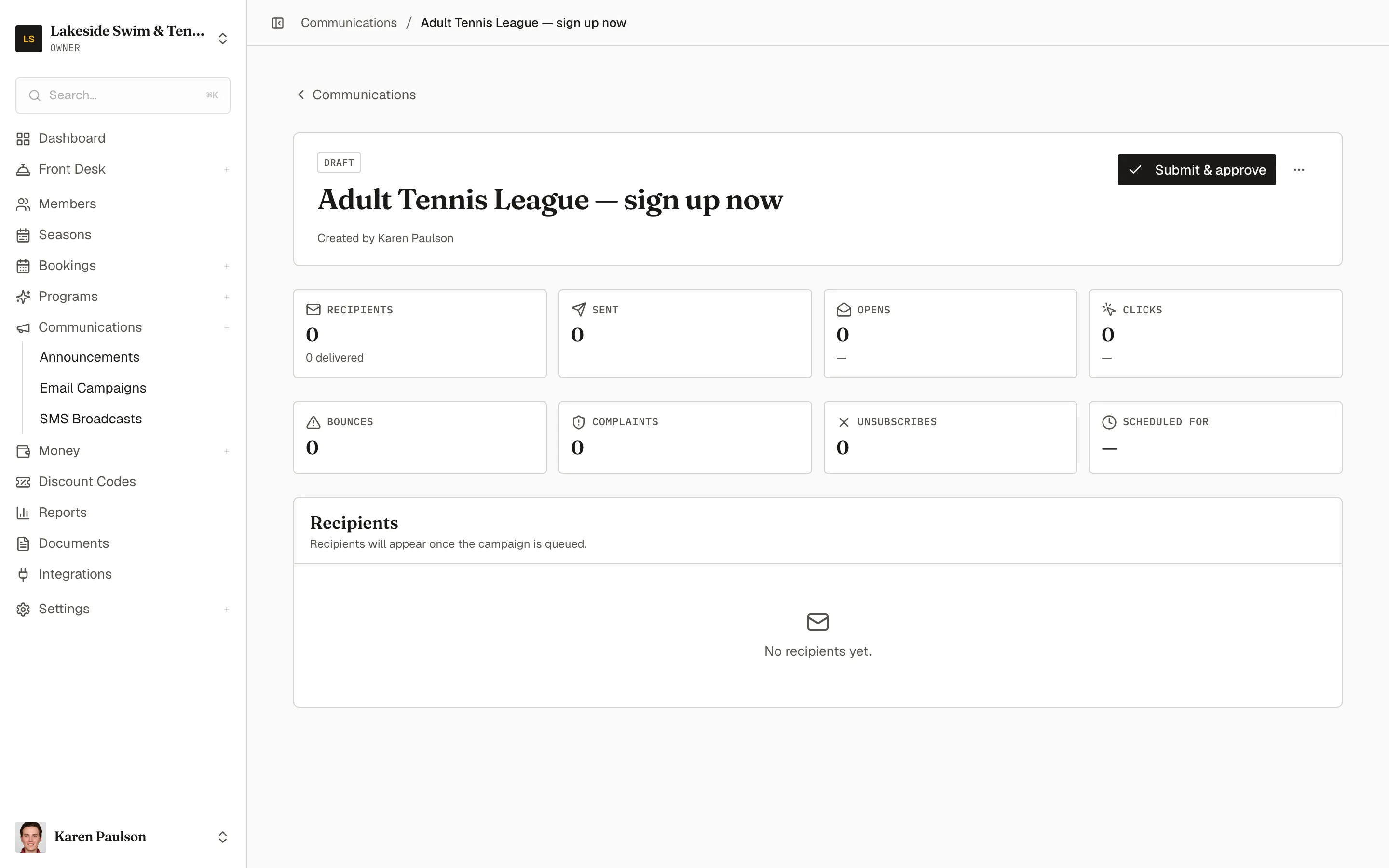 A sent campaign’s report page with headline stats, health stats, and the per-recipient table