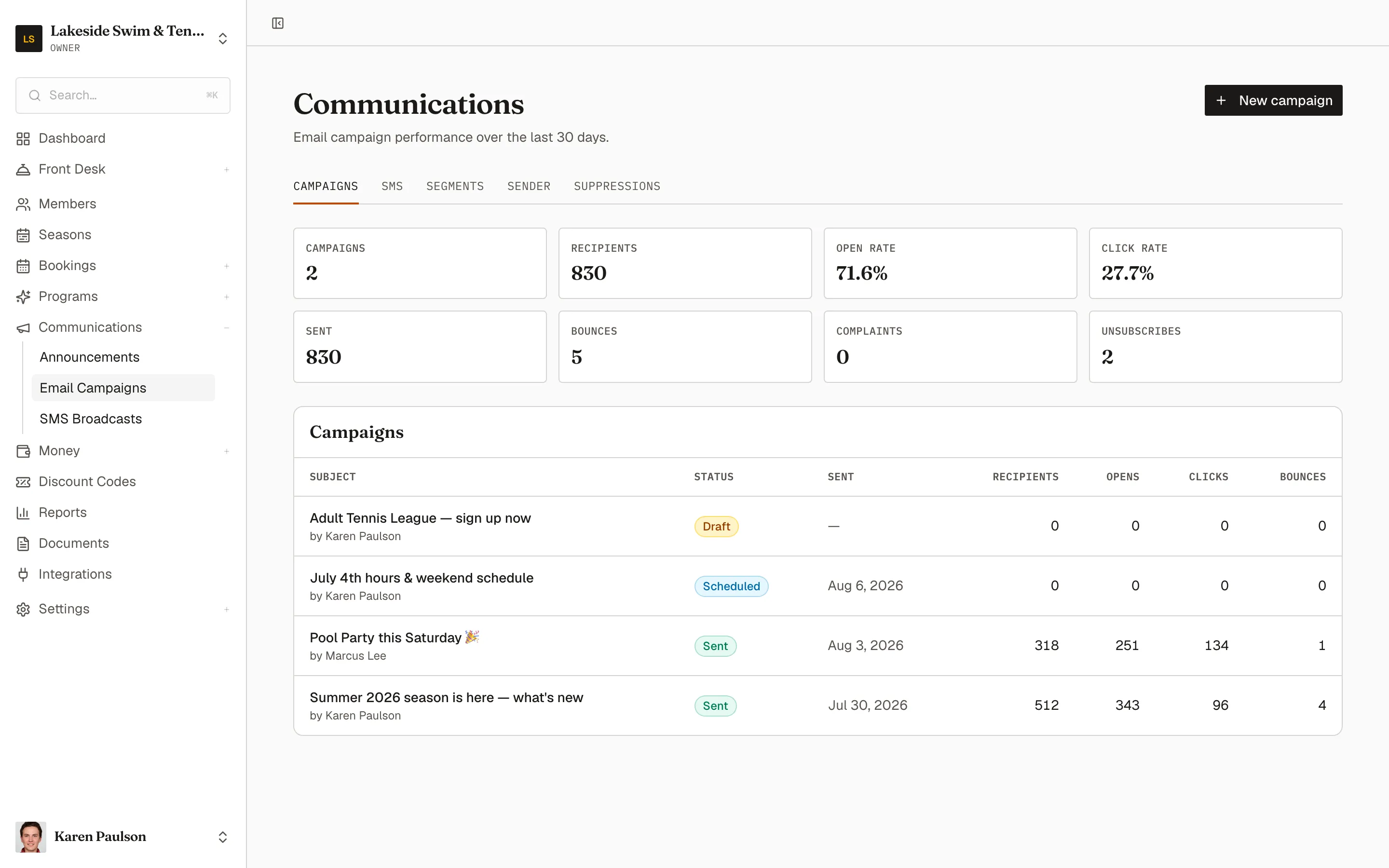 The Email Campaigns list with 30-day summary cards above the campaign table