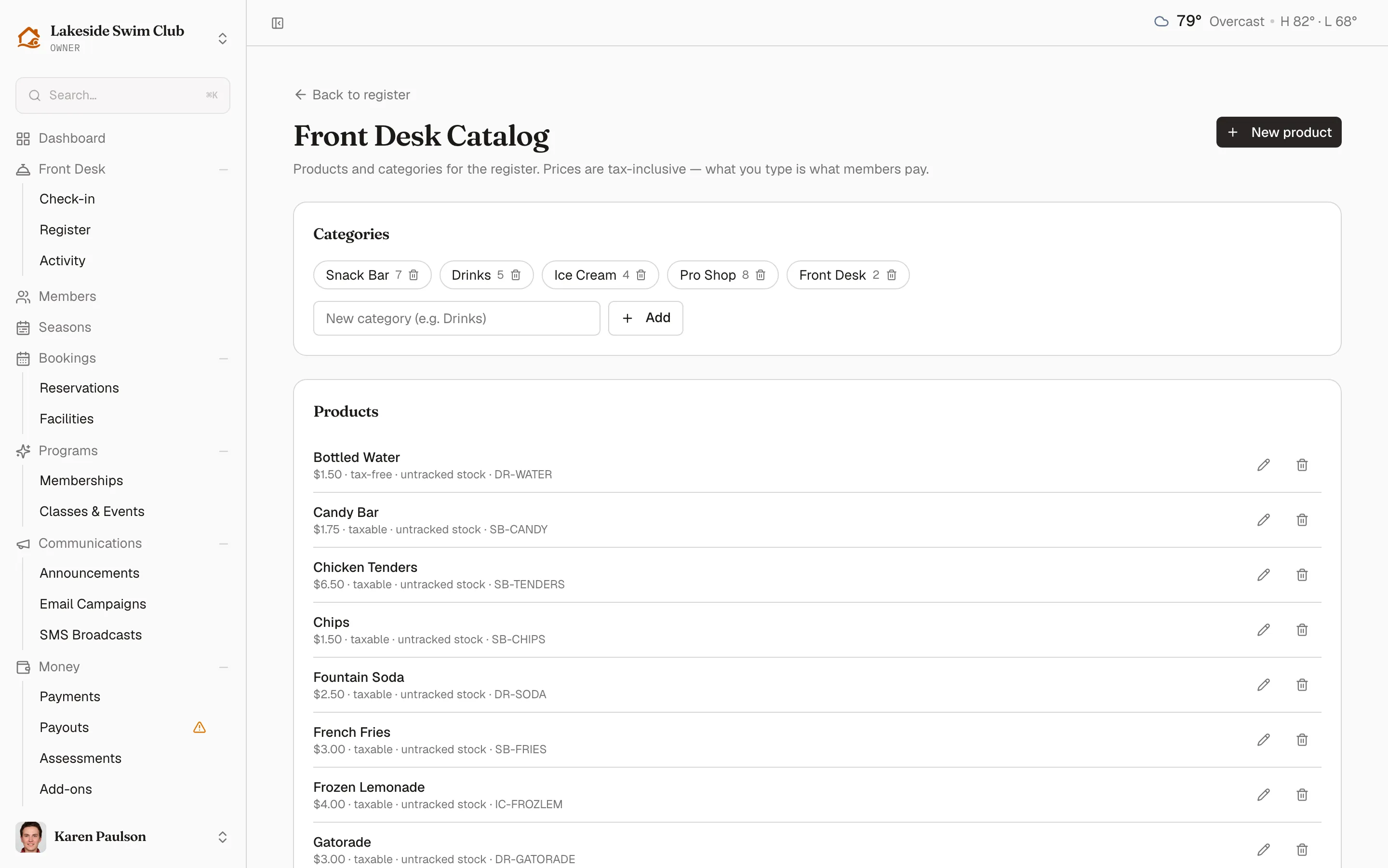 The catalog page listing products with prices, tax treatment, and stock, and the categories card beside them