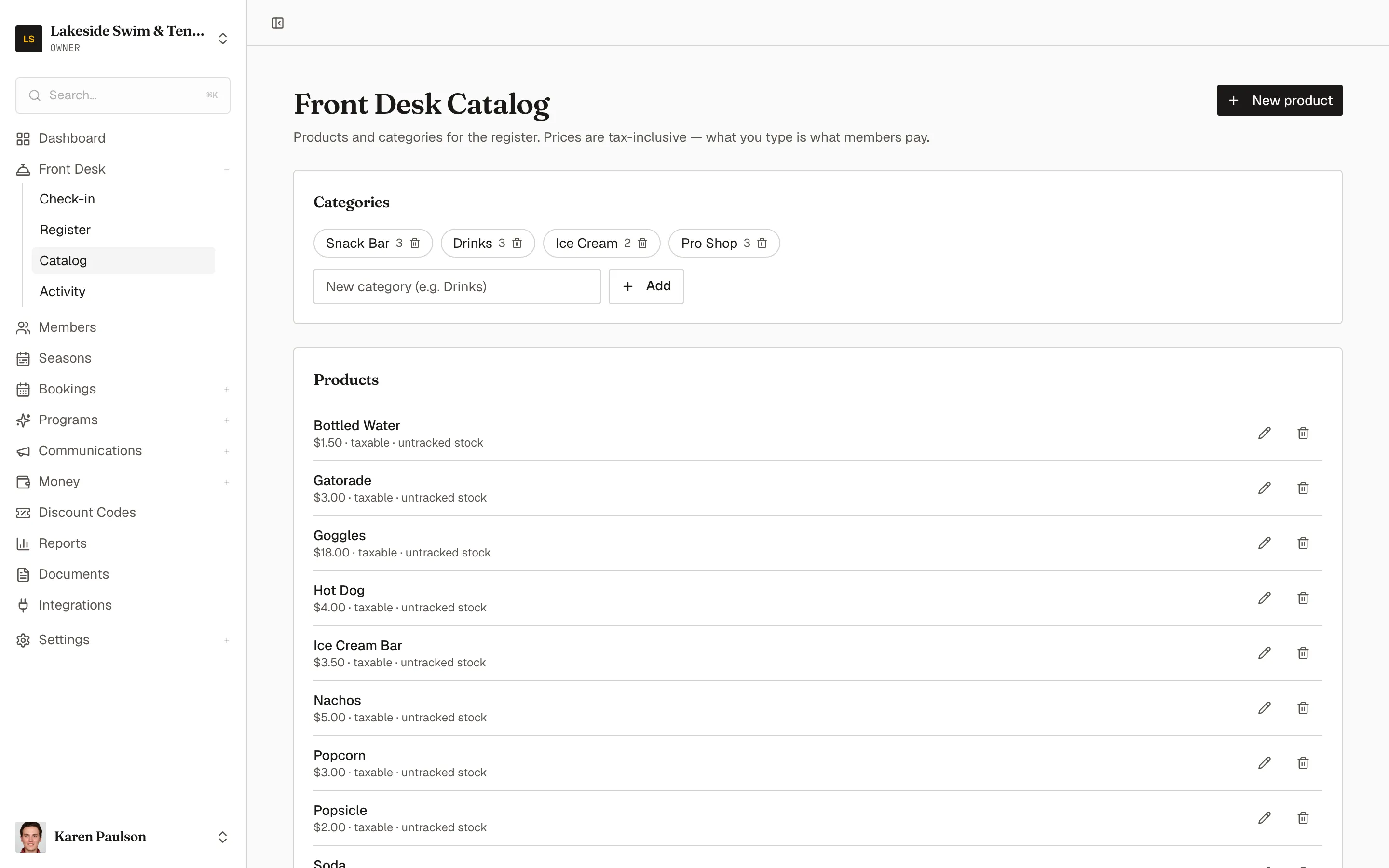 The catalog page listing products with prices, tax treatment, and stock, and the categories card beside them