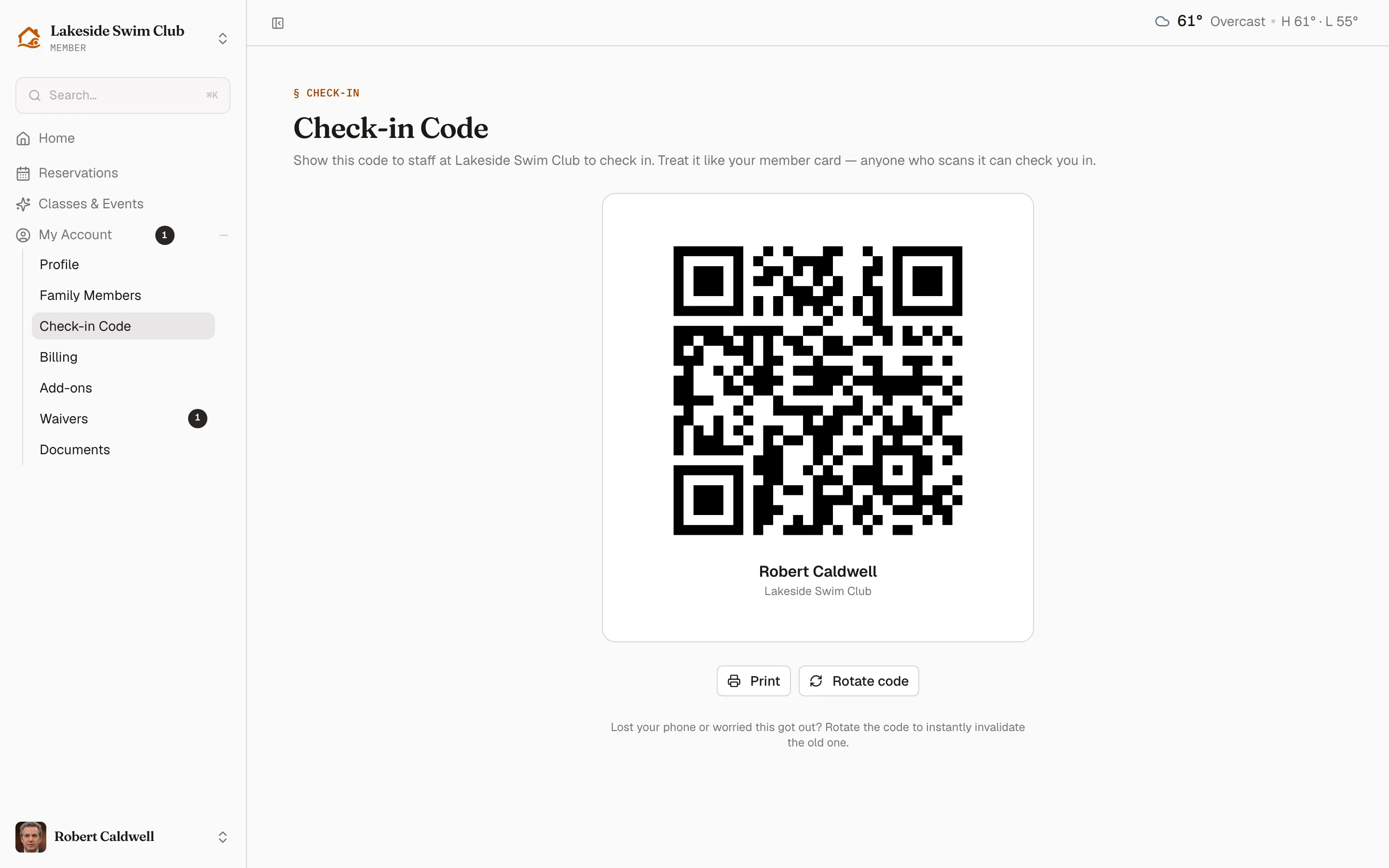The check-in code page with the QR, the member’s name and club, and Print and Rotate code buttons