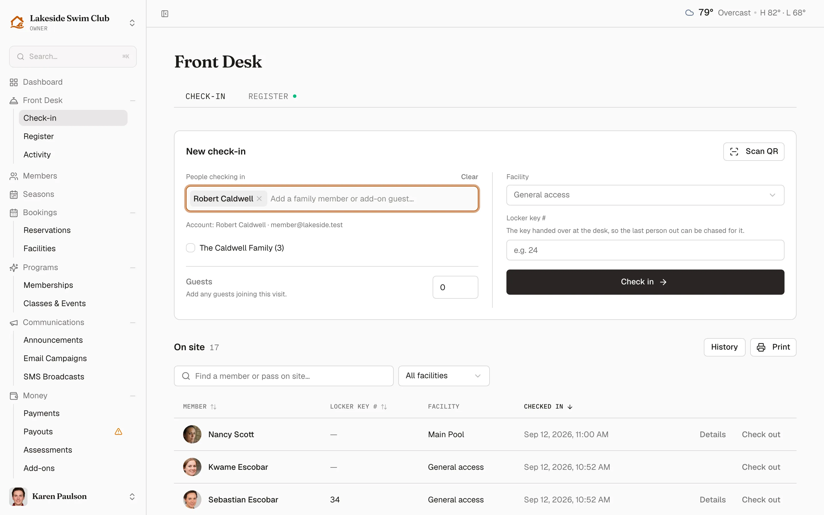 The check-in composer split in two — the chip box, account line, family checkbox and guest count on the left, facility, a locker key field and Check in on the right