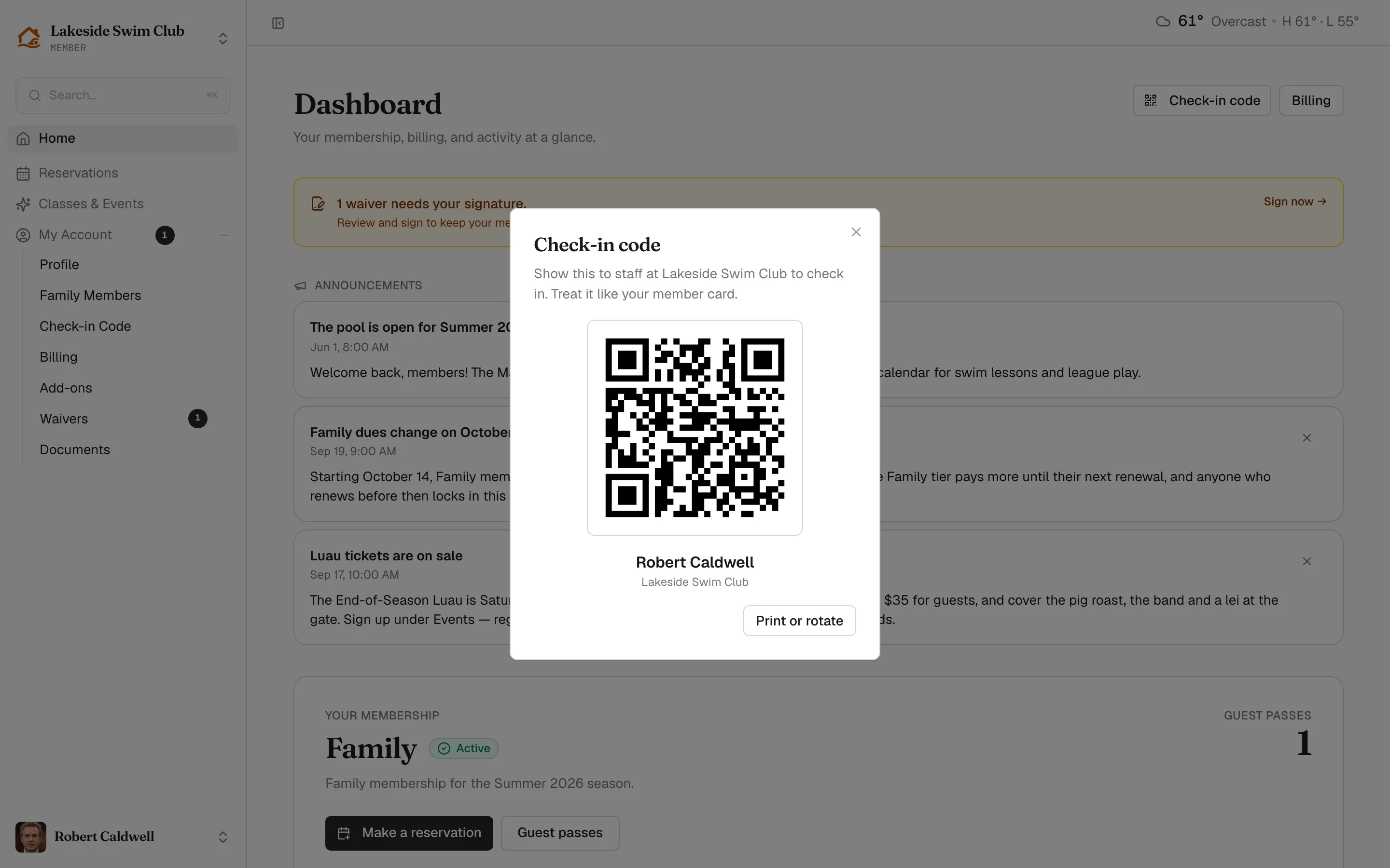 The check-in code dialog open over the member home page
