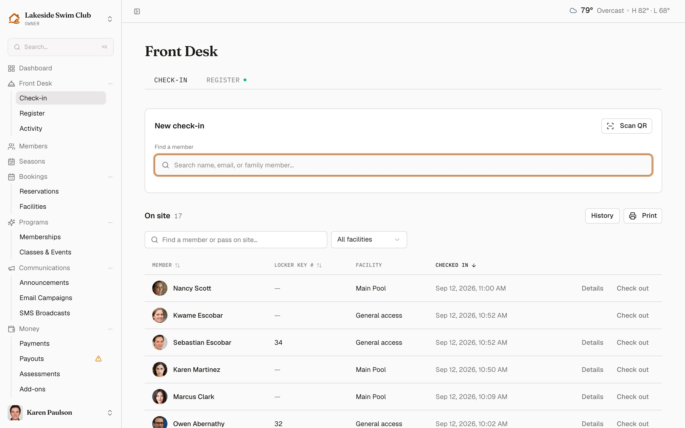 The Front Desk check-in tab with the New check-in card and the on-site list