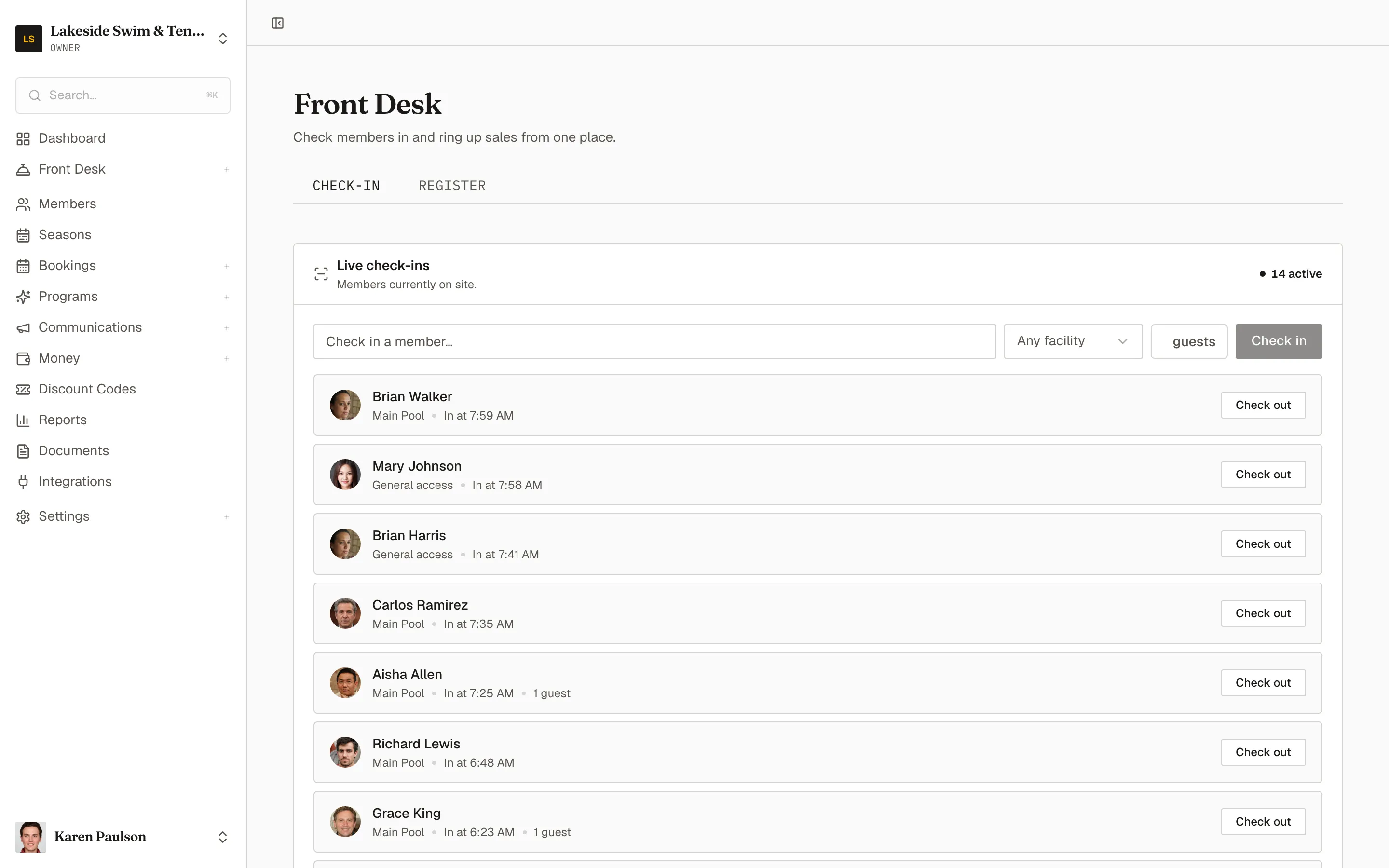 The Front Desk check-in tab with the member search, facility picker, guest count, and the live list of members currently on site