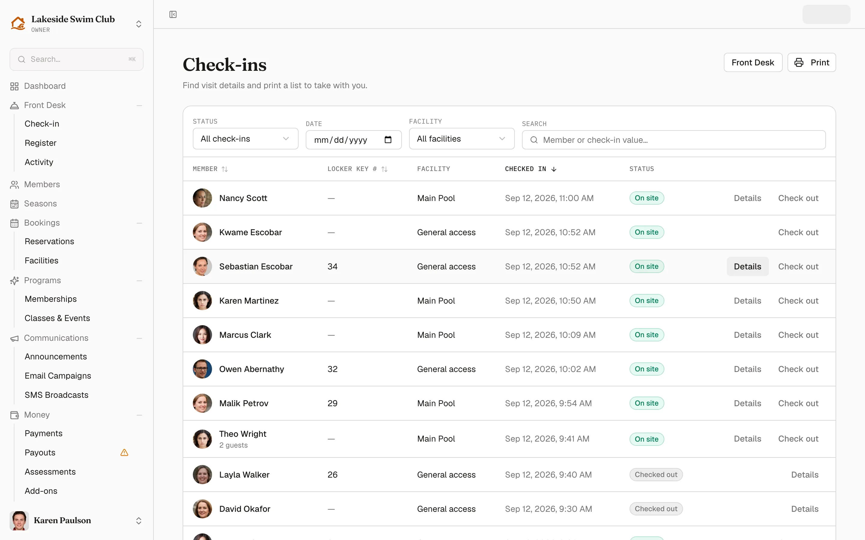 The Check-ins history page with its filters and sortable table