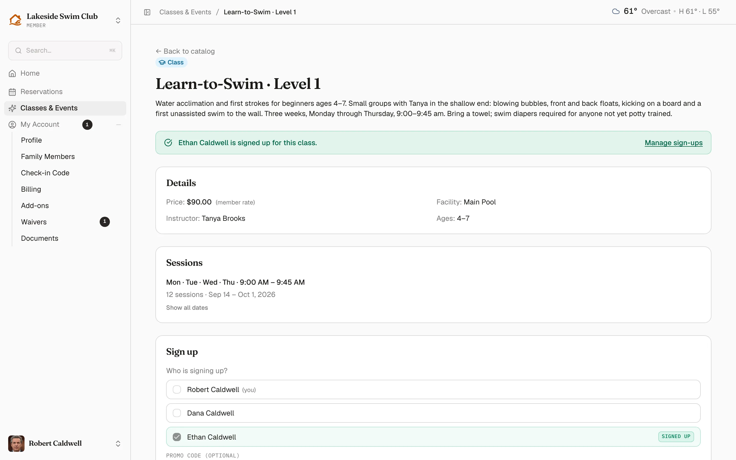 A class detail page with Details, Sessions, and Sign up cards, showing a household already partly signed up