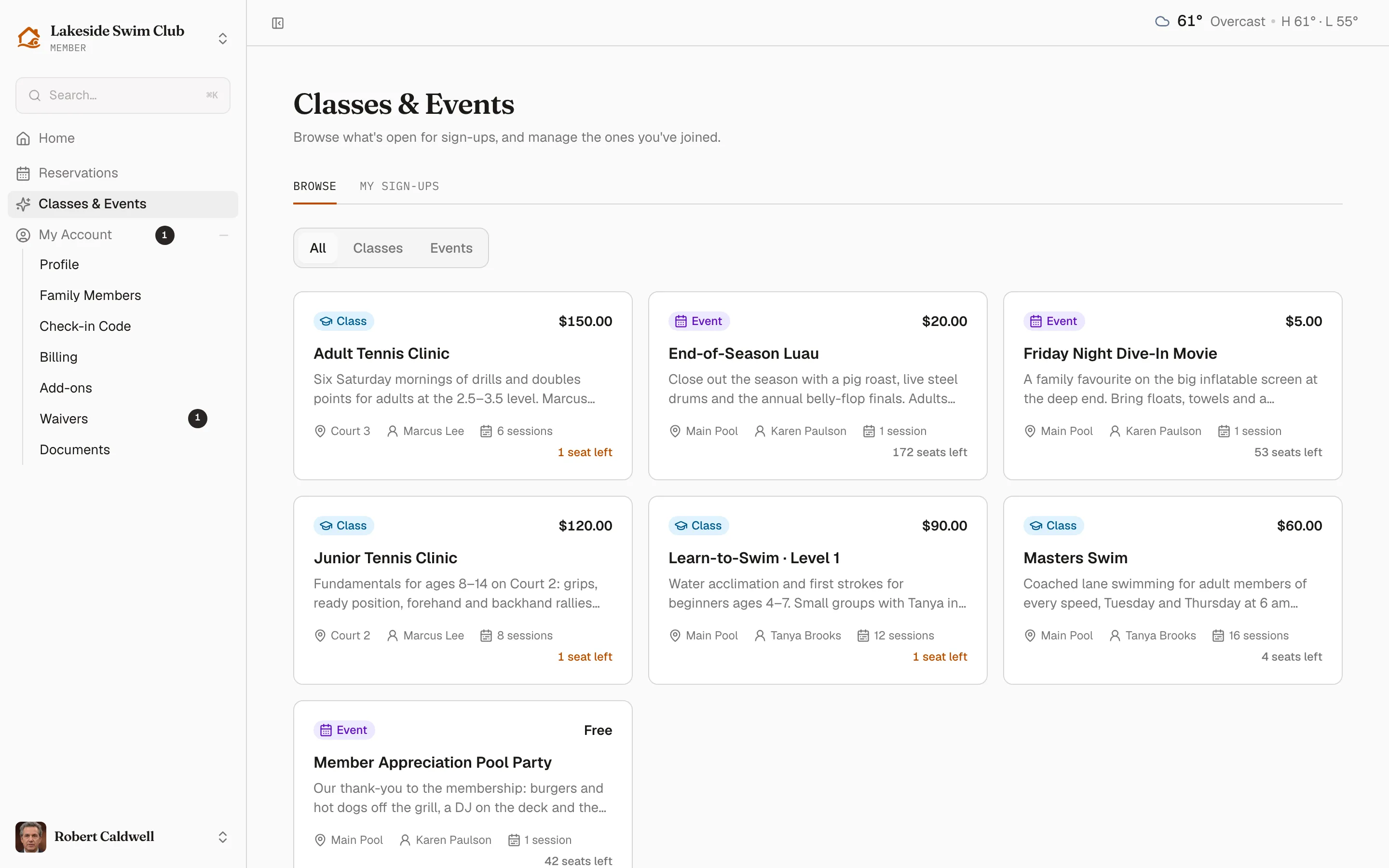 The member catalog: a Browse / My Sign-Ups tab strip, an All / Classes / Events filter, and a grid of offering cards
