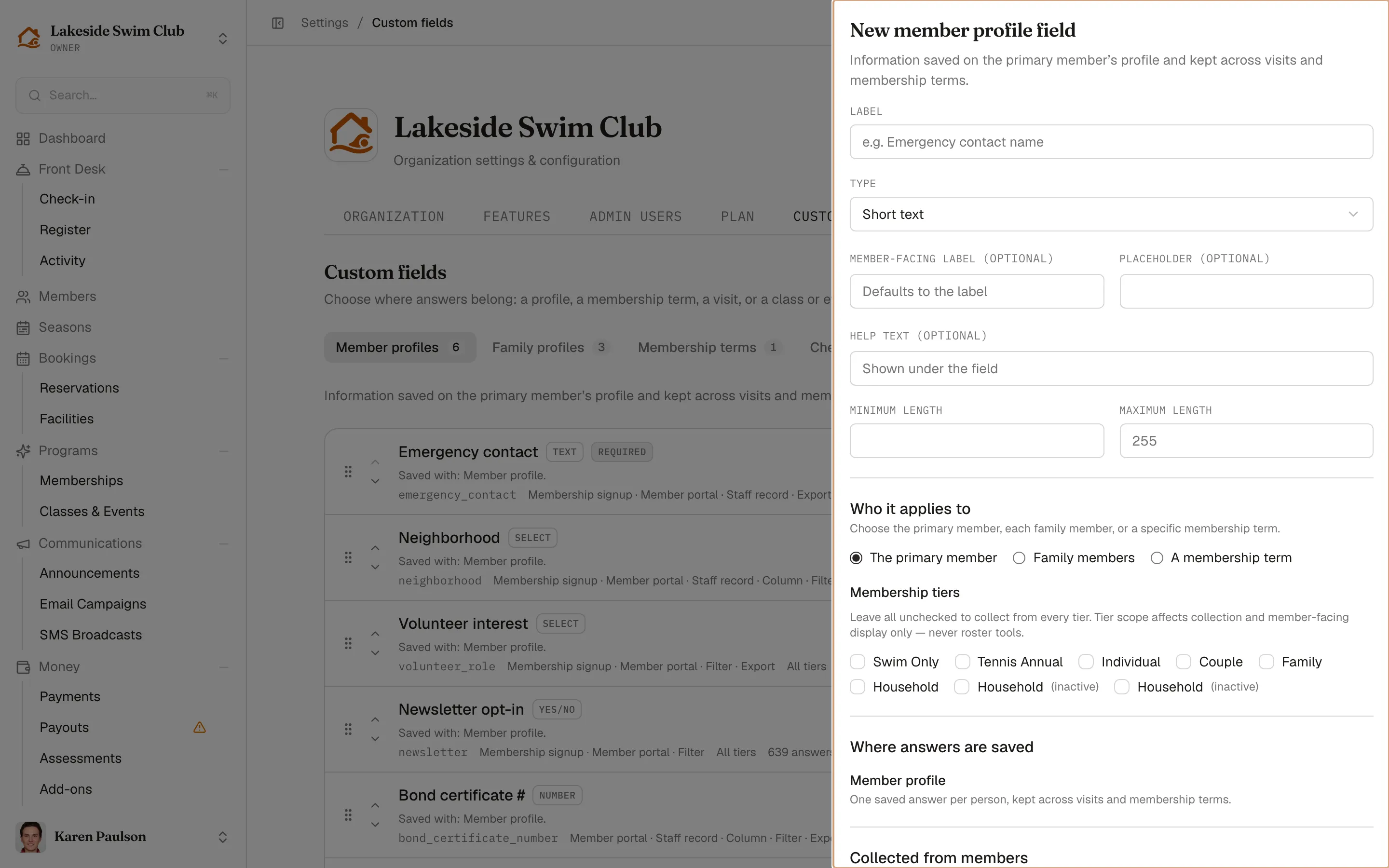 The new field drawer over the Custom fields page, with label, type, tier scope, and the Where answers are saved summary