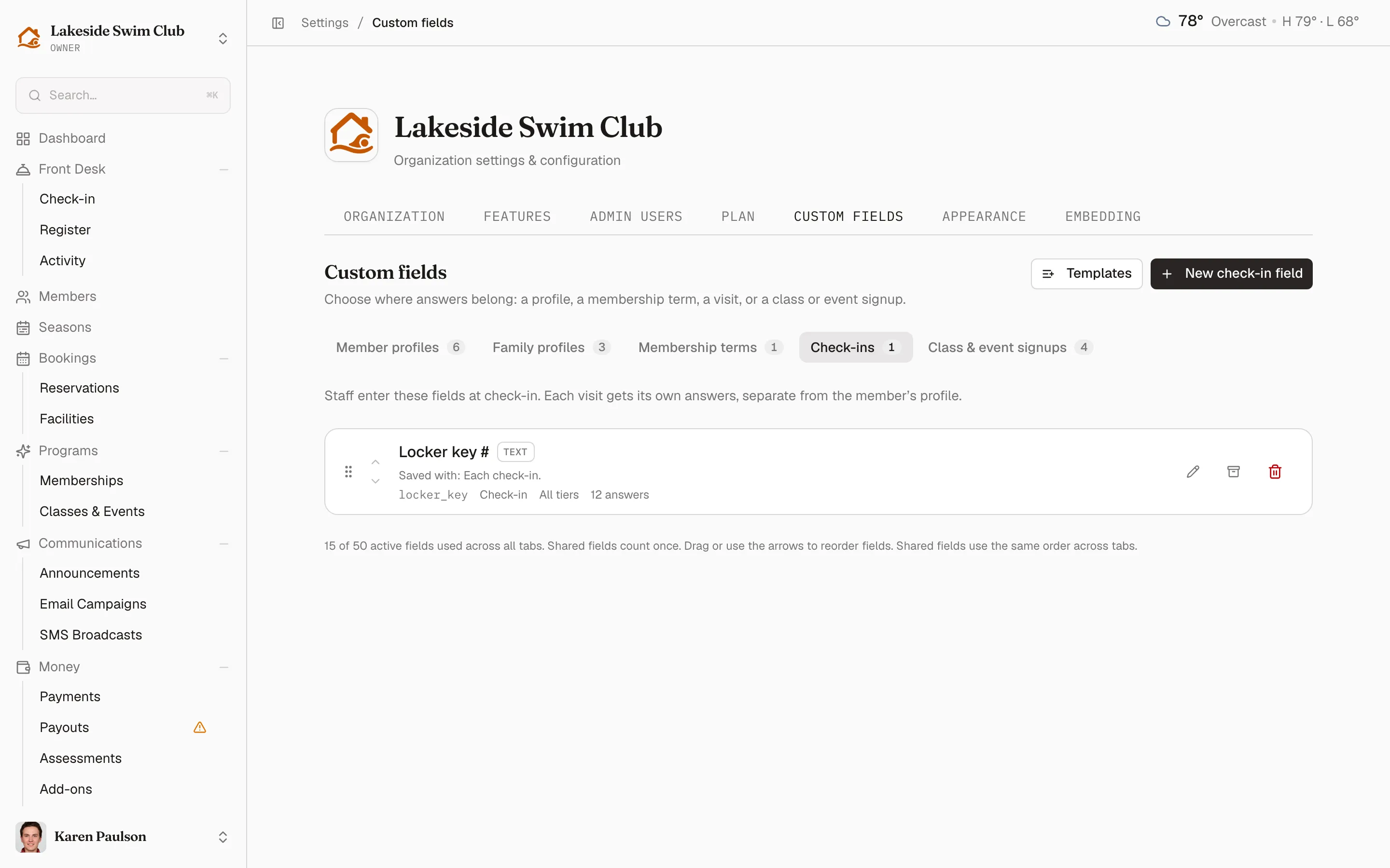The Check-ins tab explaining that staff enter these fields at check-in, listing a Locker key # field with 12 answers