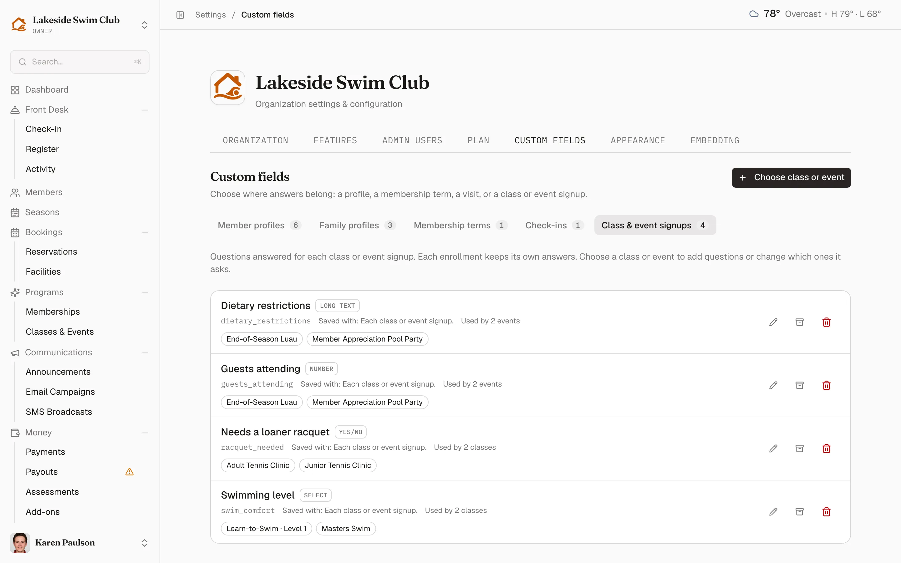 The Class and event signups tab listing four questions, each naming the classes or events that ask it, with edit, archive, and delete actions on every row