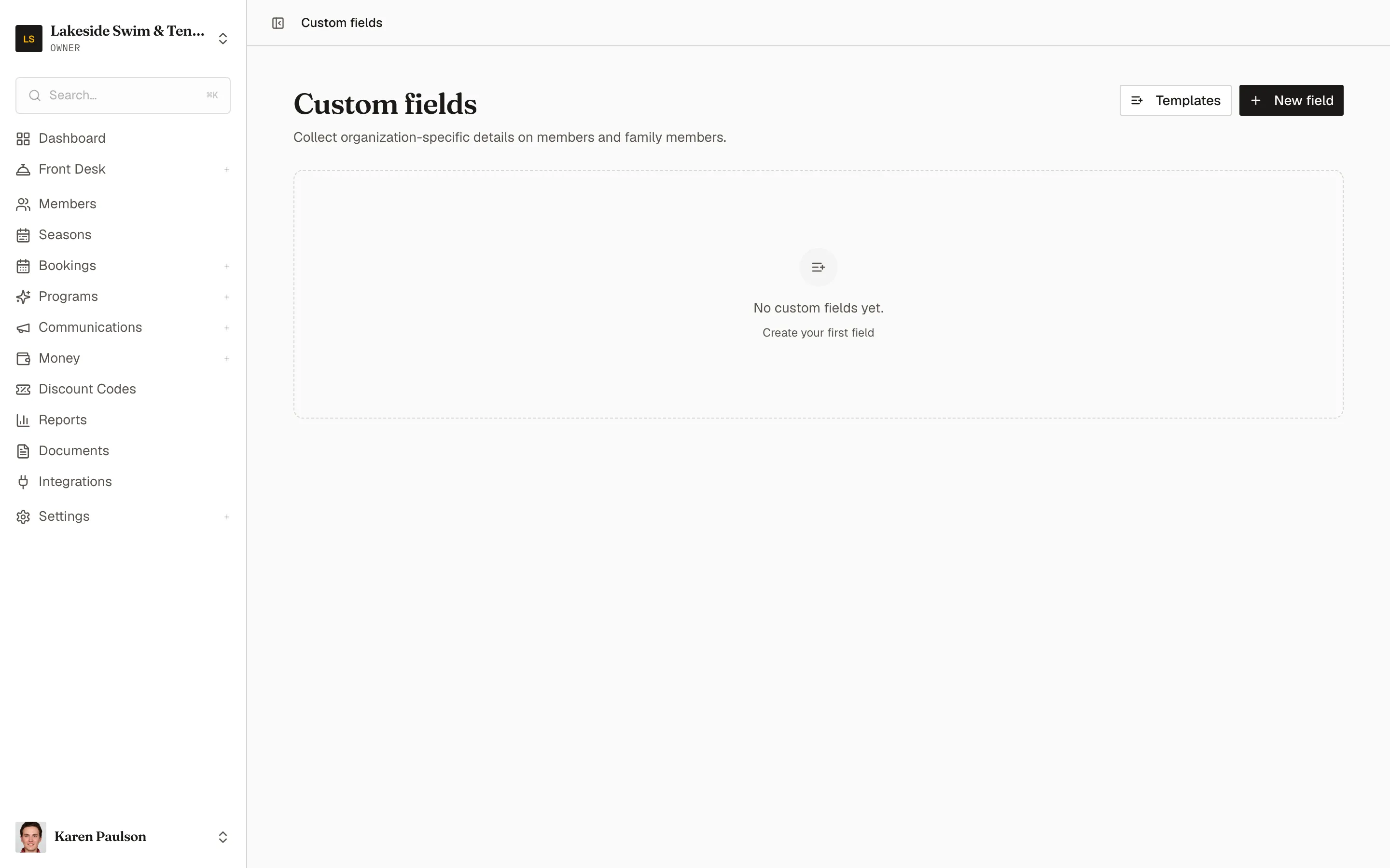 The custom fields manager listing member, family member, and membership fields with their types and placements