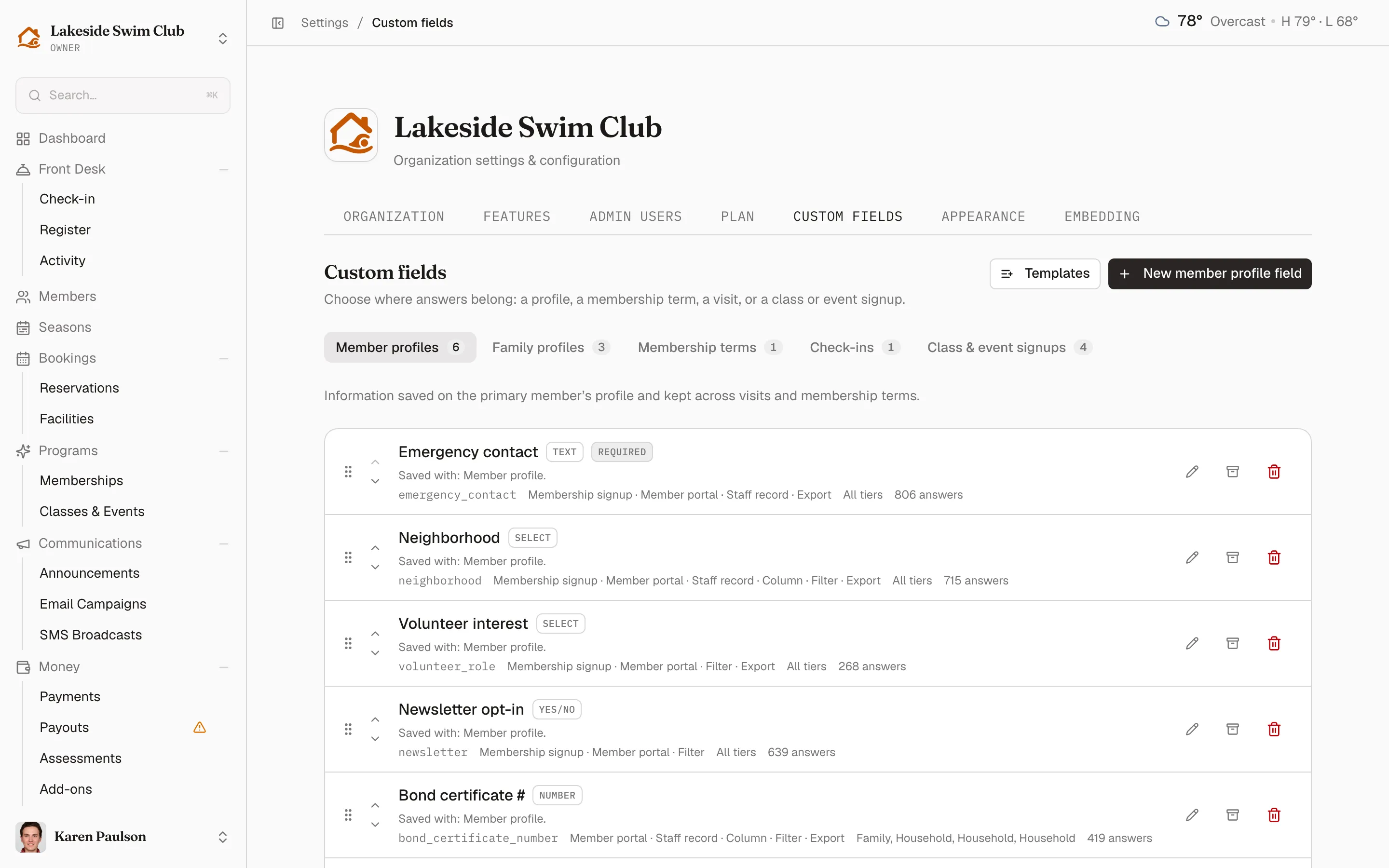 The Custom fields page under Settings, with its five tabs and the member profile fields listed