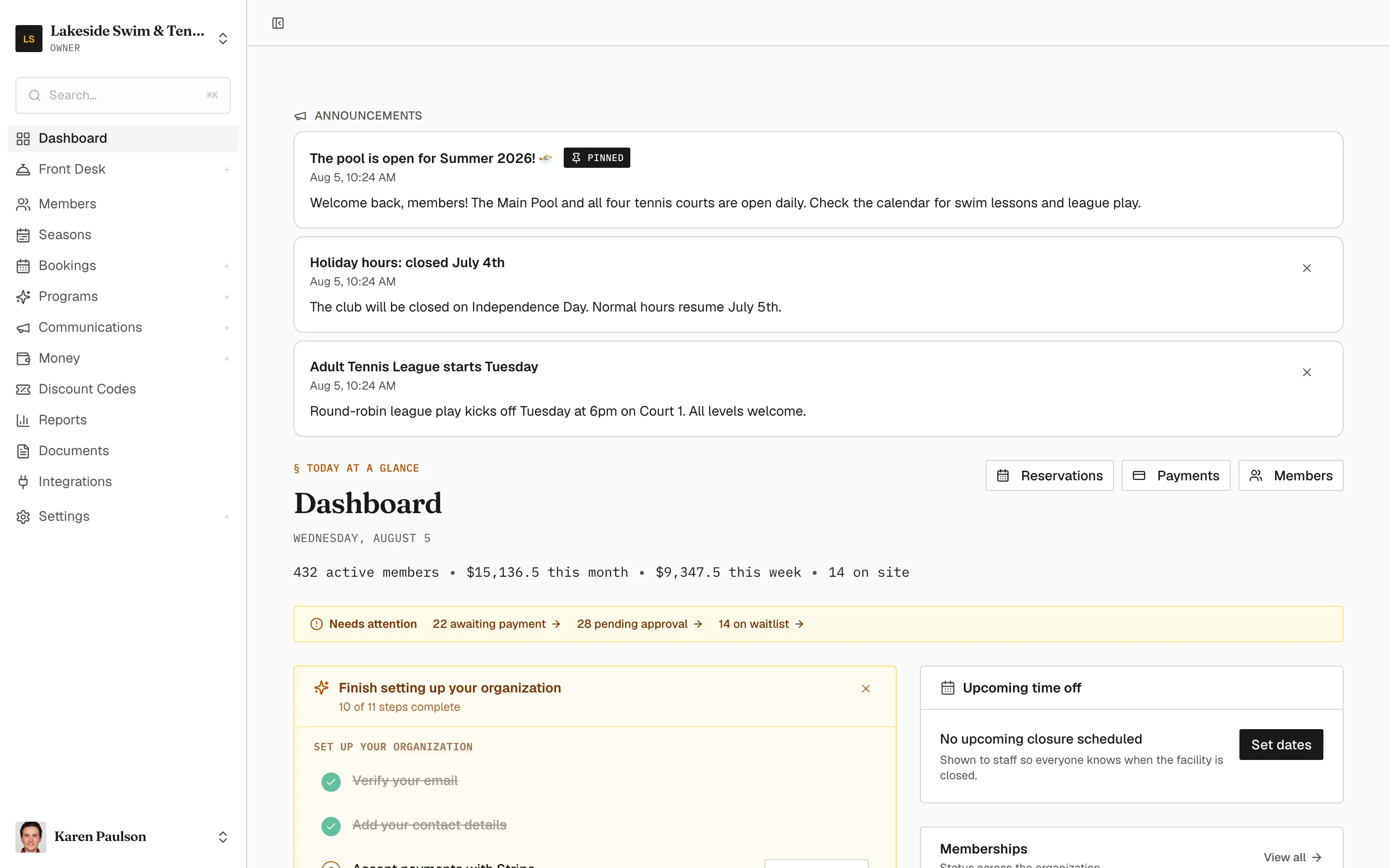 The owner dashboard for Lakeside Swim & Tennis Club, with announcements, today’s member and revenue totals, a needs-attention strip, and the setup checklist