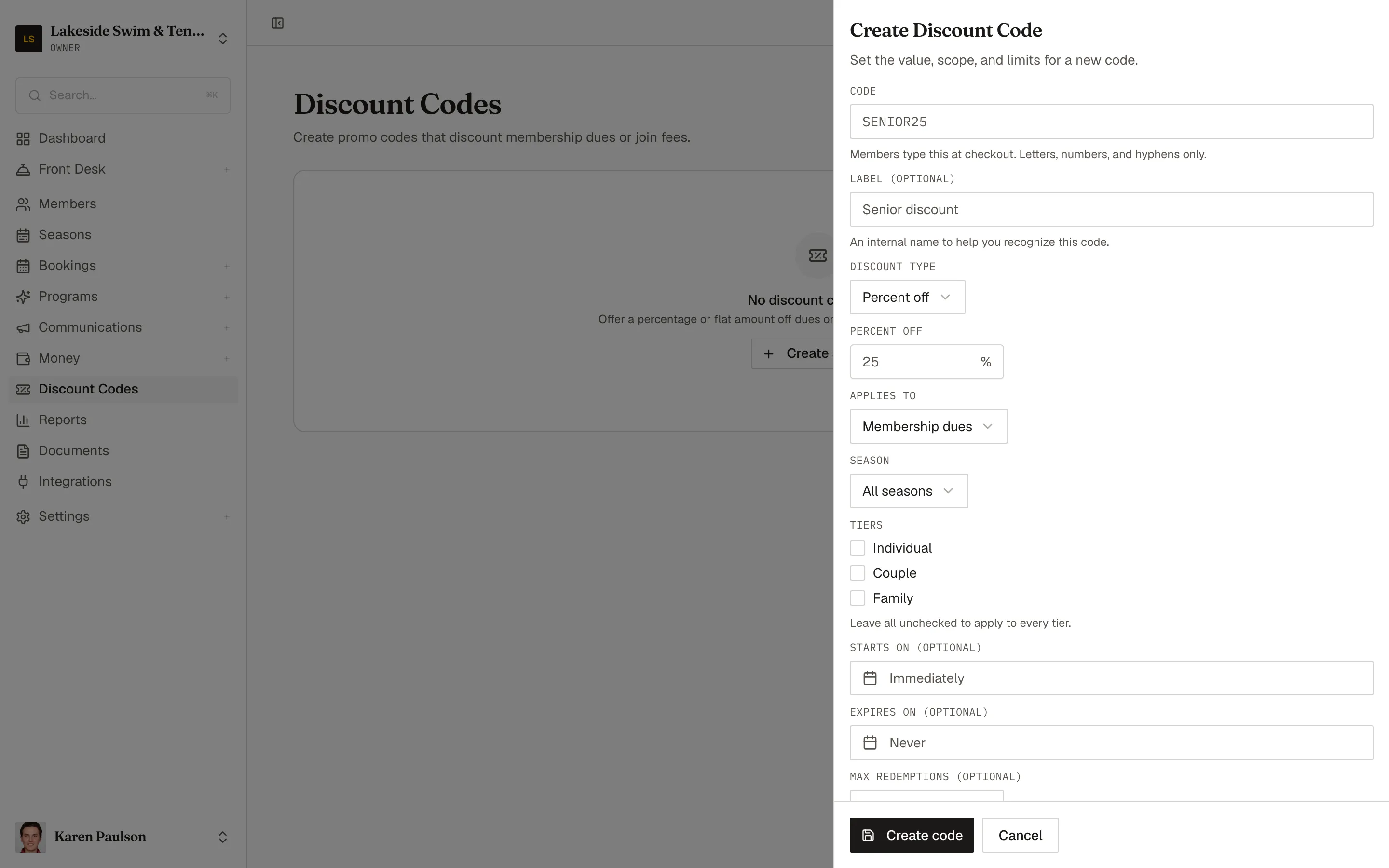 The Create Discount Code form with code, discount type and value, what it applies to, limits, and expiry