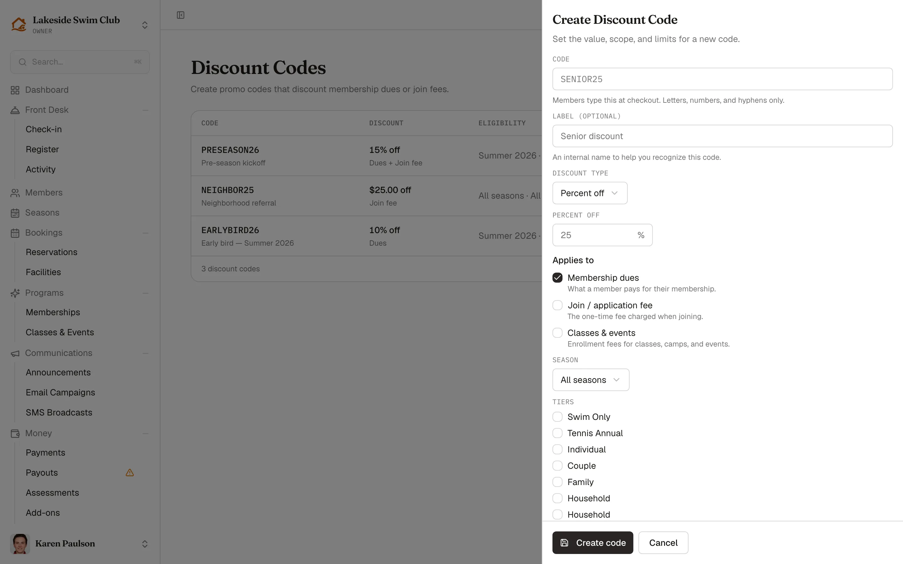 The Create Discount Code form with code, discount type and value, what it applies to, limits, and expiry