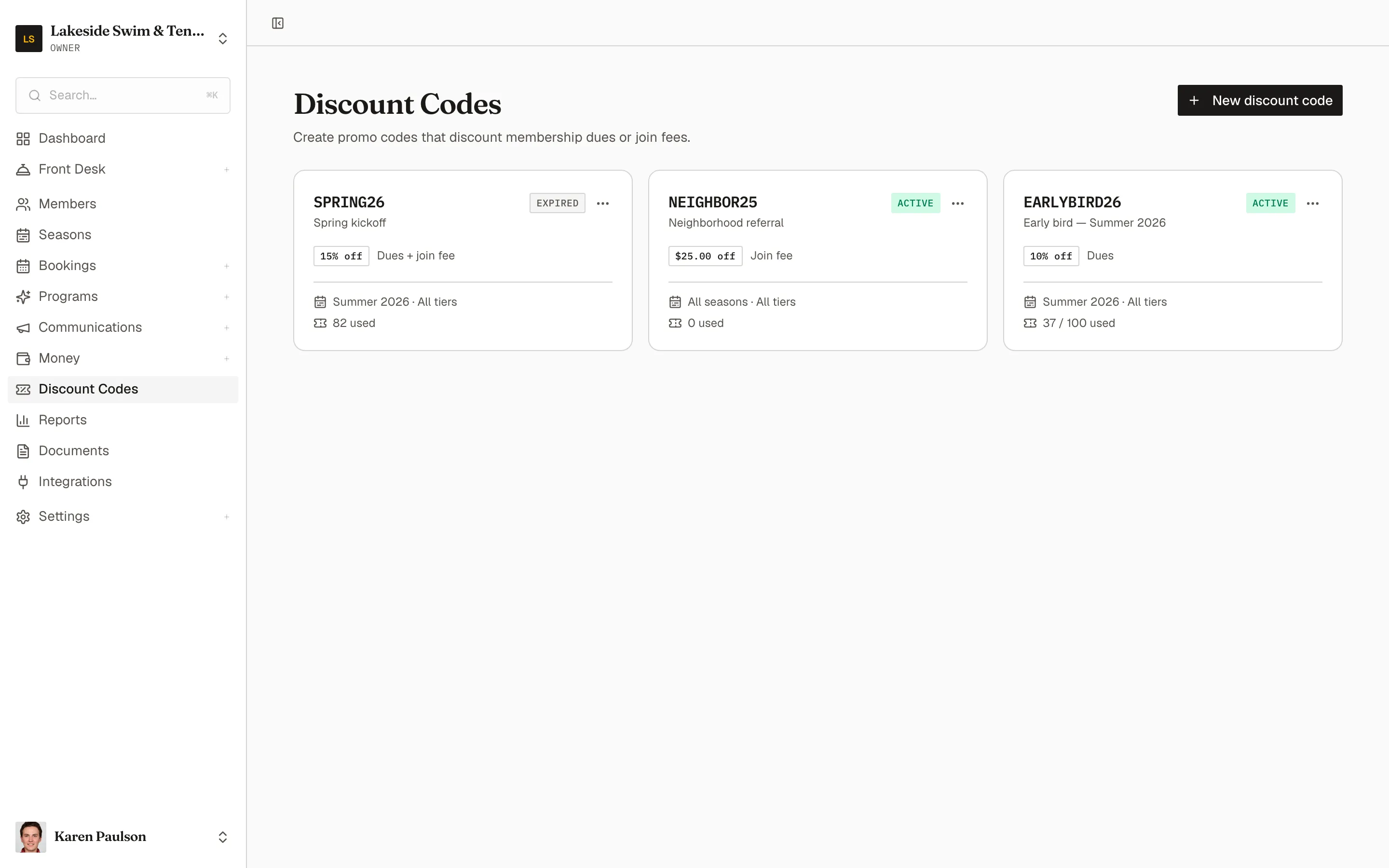 The Discount Codes page with cards for an early bird percent code, a referral code, and an expired spring code