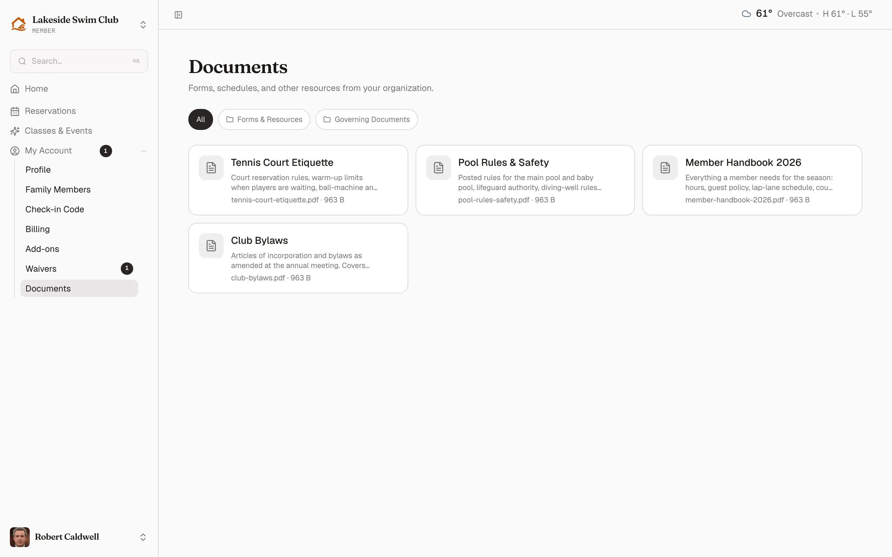 The member documents library: folder filters and cards for each published file with a description and size