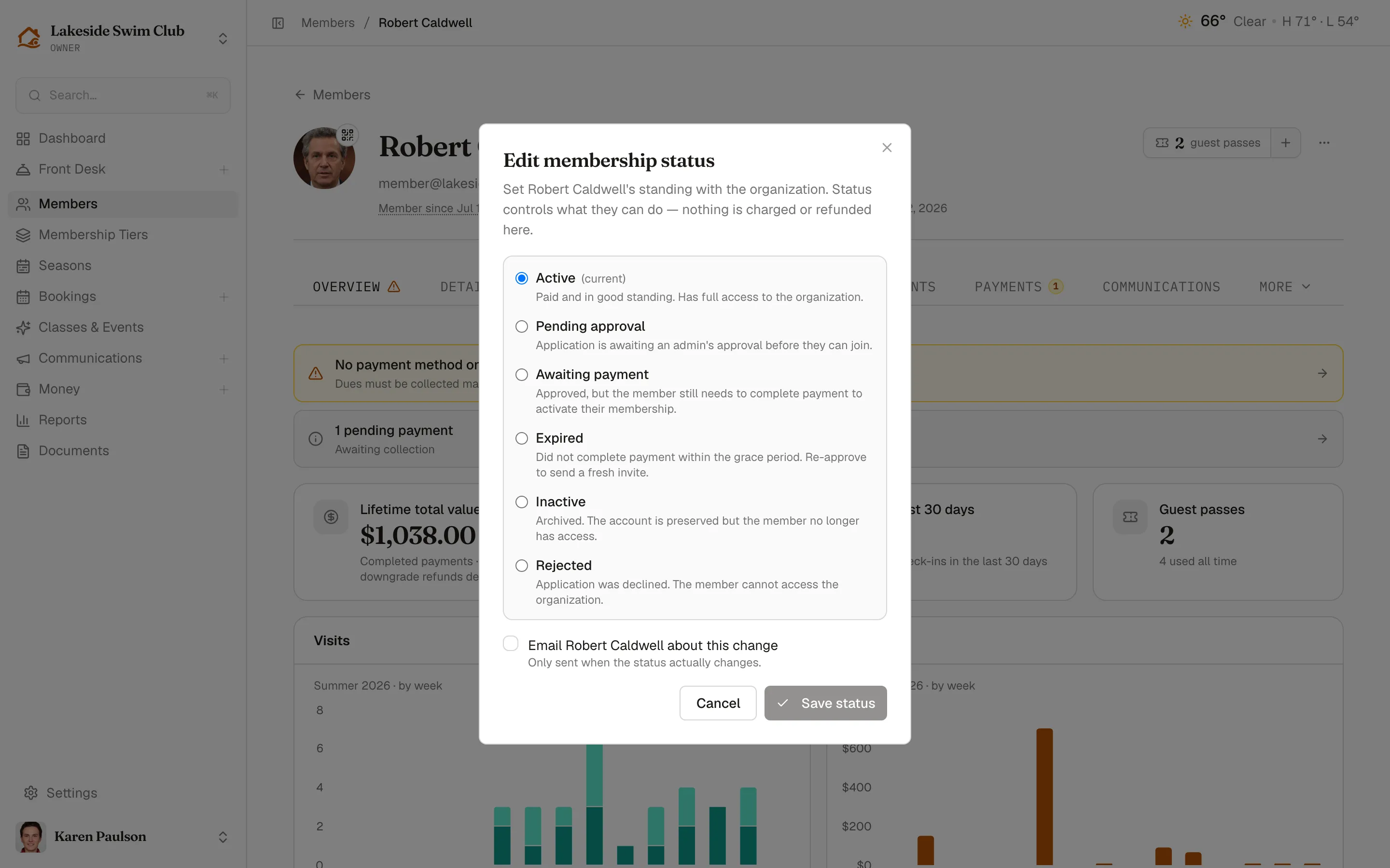 The Edit membership status dialog listing each status with its explanation, the current status marked, and the email-the-member checkbox