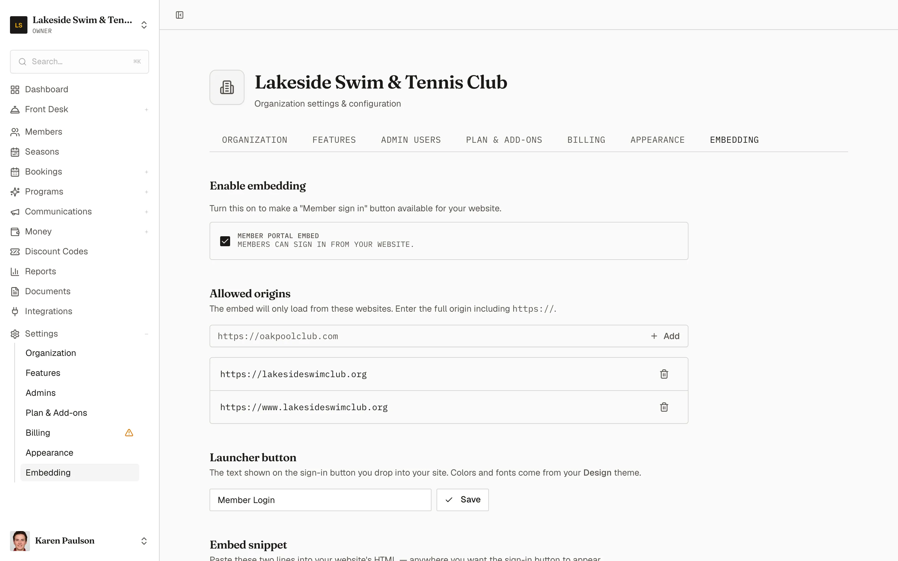 The Embedding tab with the enable toggle, button label, allowed origins list, and embed snippet
