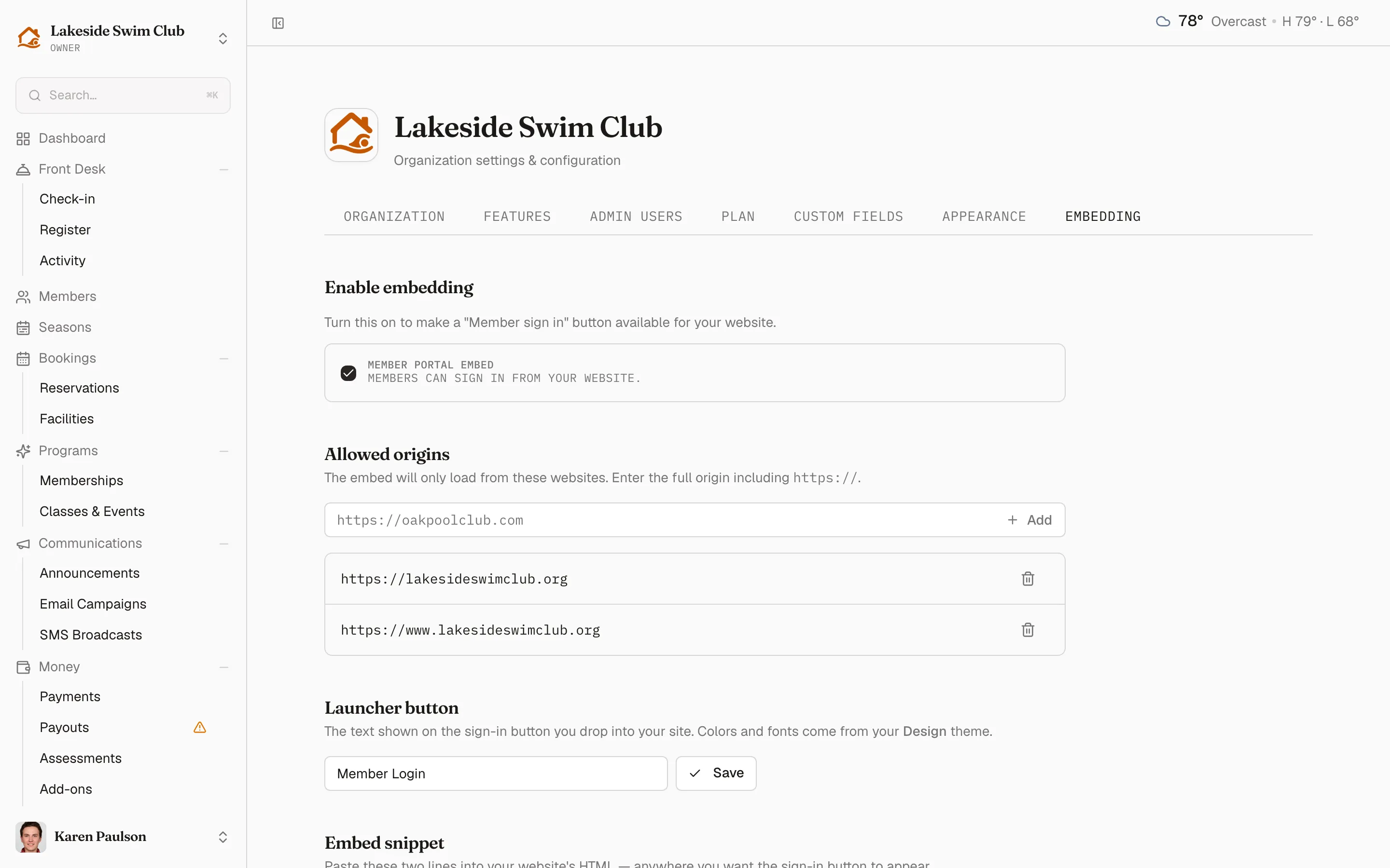 The Embedding tab with the enable toggle, button label, allowed origins list, and embed snippet