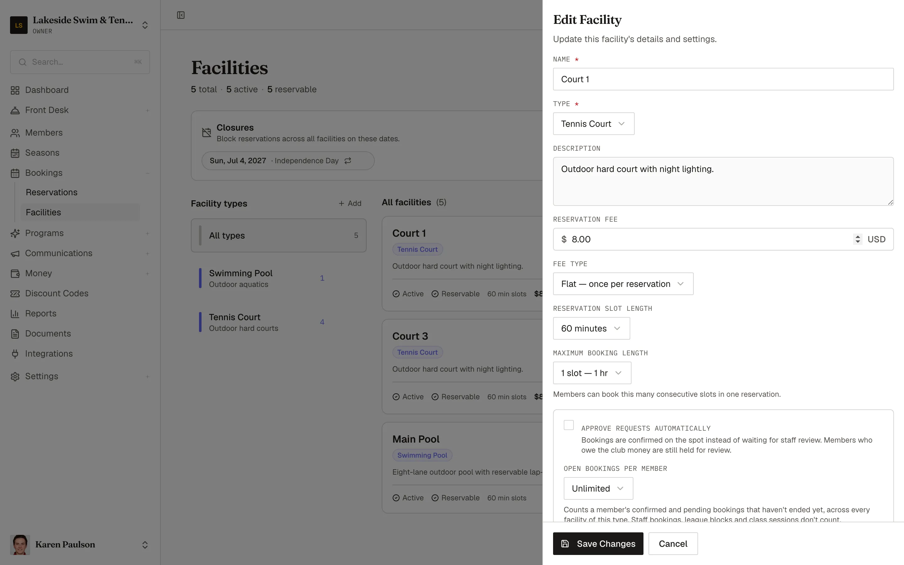 The facility drawer editing Court 1, with fee, slot length, booking length, auto-approval, and open-bookings cap controls