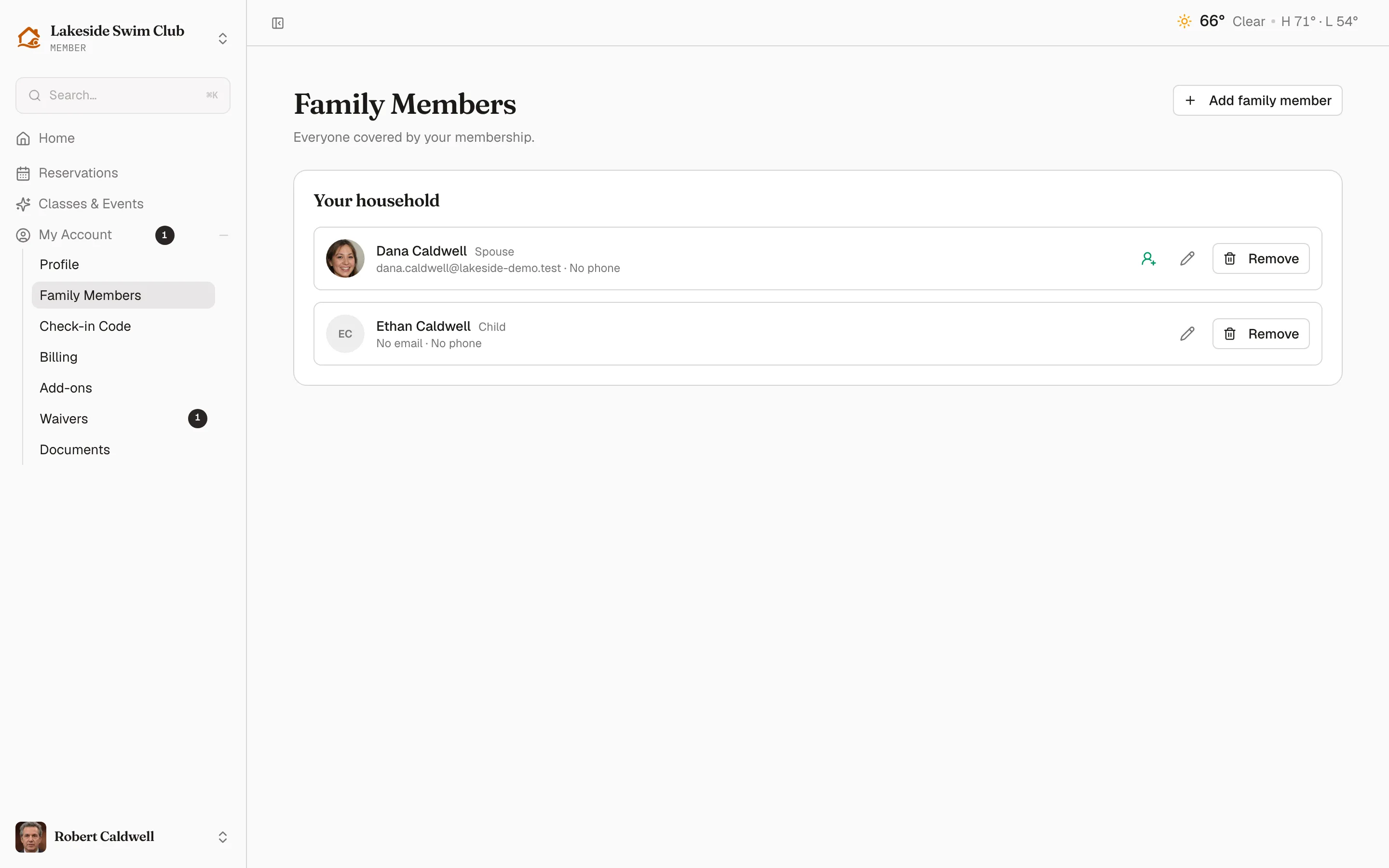 The family list with relationship labels, contact details, compact joint-access and edit icons, and Remove buttons