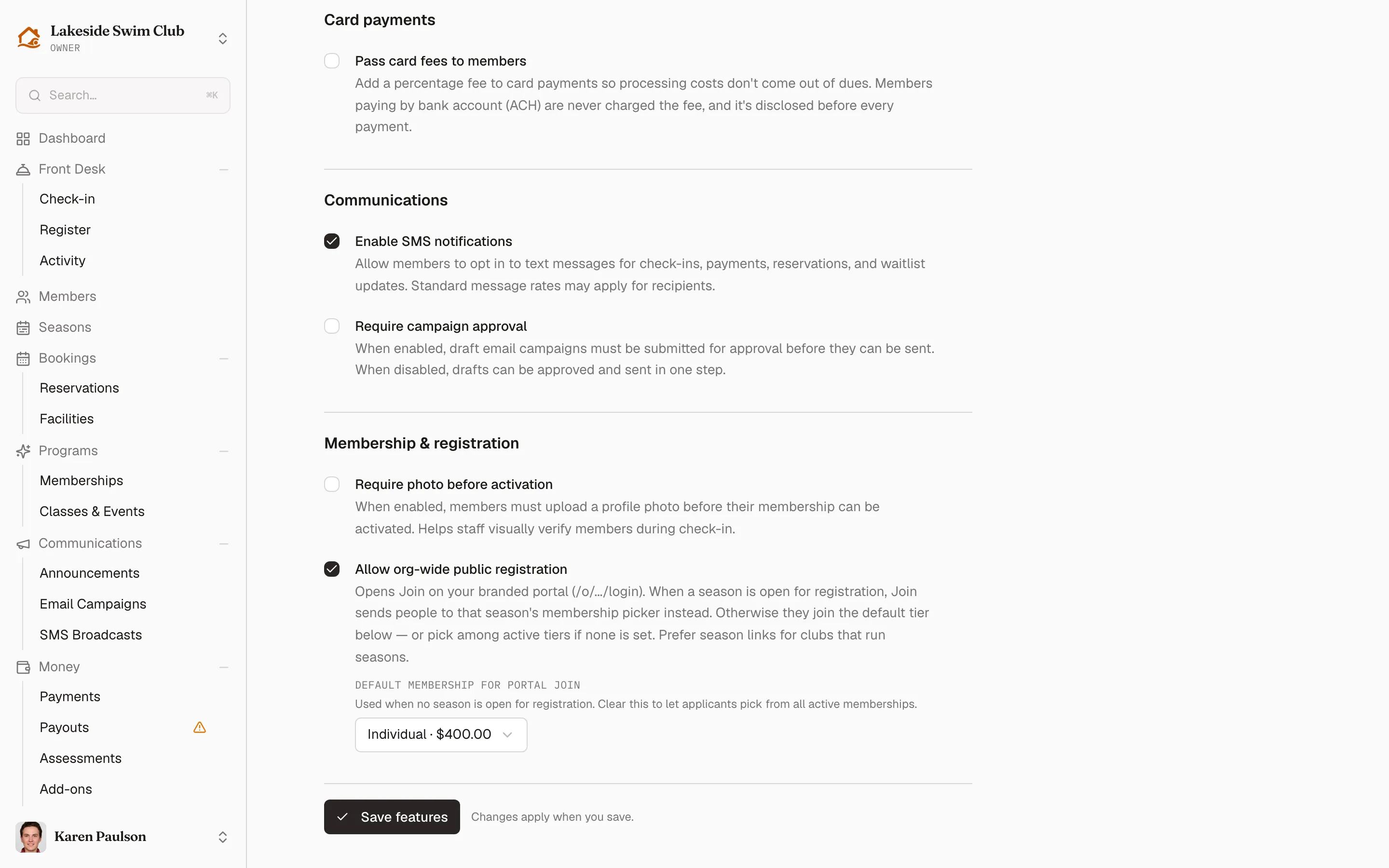 The Card payments, Communications, and Membership and registration groups above the Save features bar