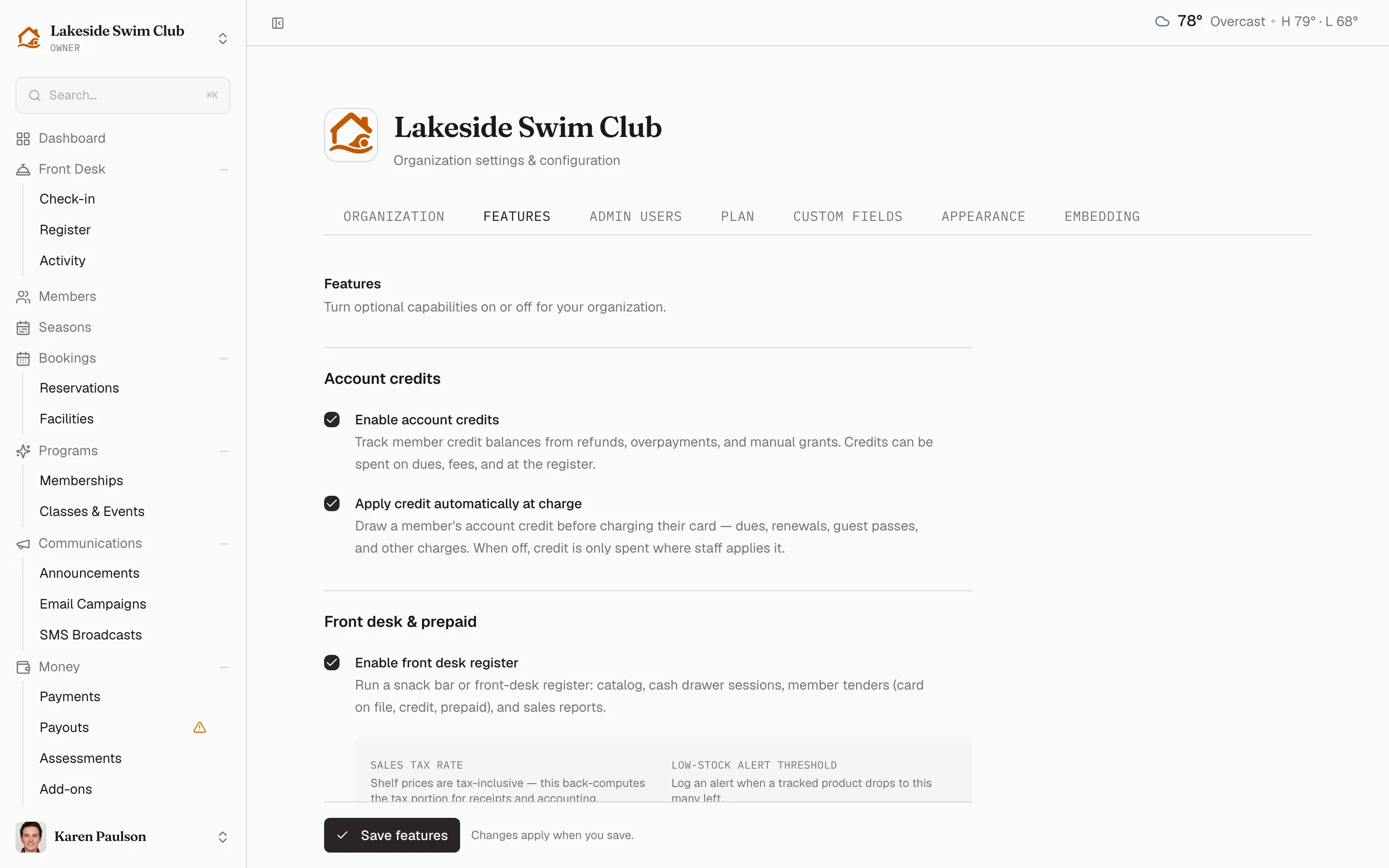 The Features tab showing the Account credits and Front desk & prepaid groups, with the Save features bar pinned at the bottom