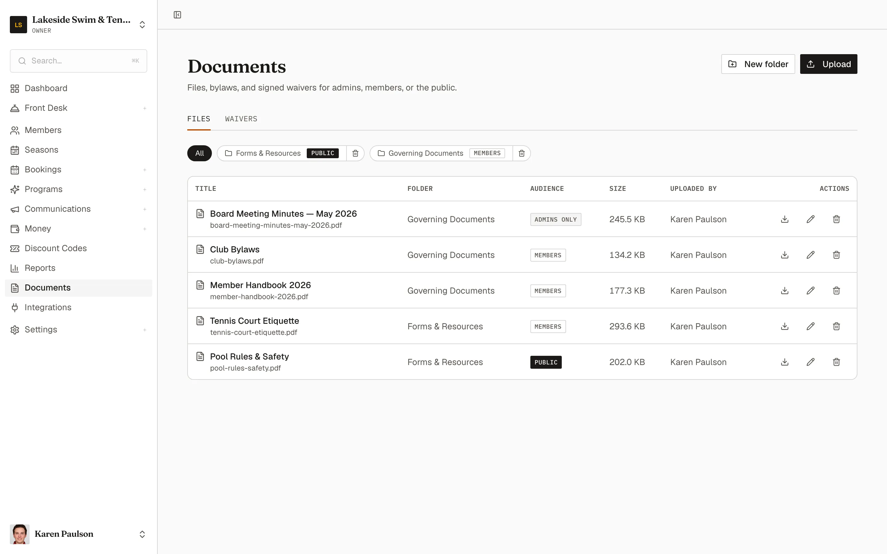 The Documents page with the Governing Documents and Forms & Resources folders and their files