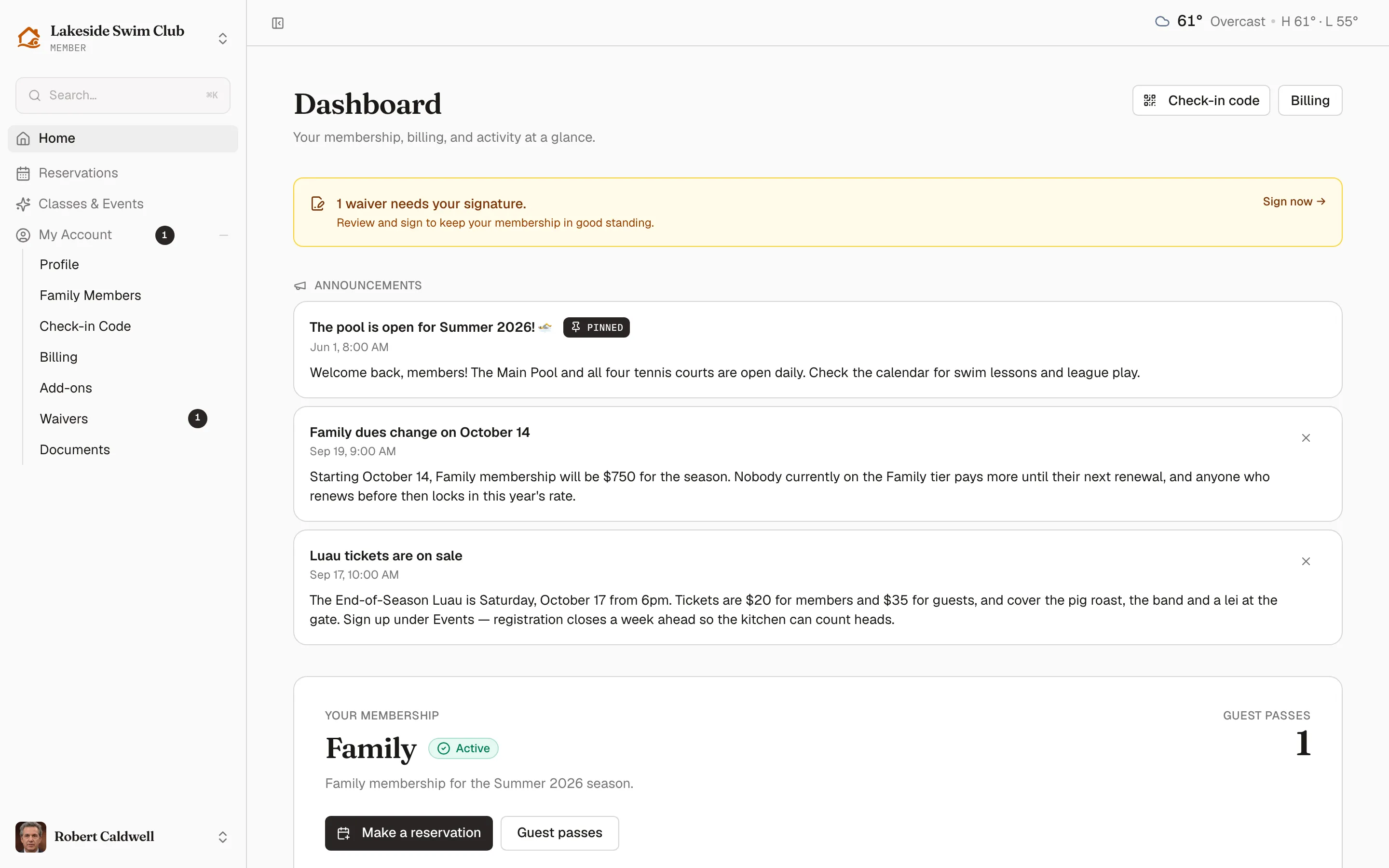 A member’s home page: the sidebar, a waiver reminder, announcements, and the membership card with guest passes